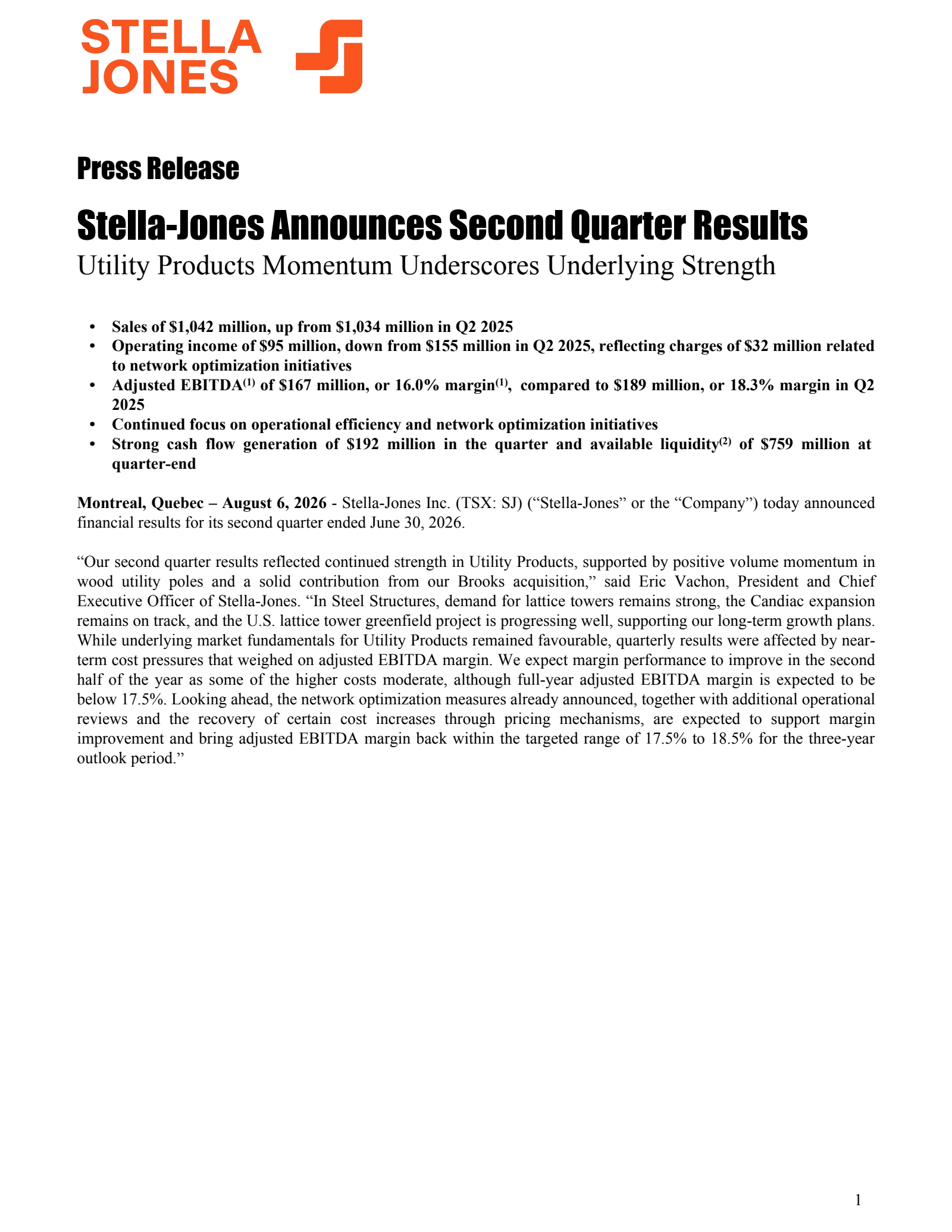 Stella-Jones' Q2 2026 Press Release