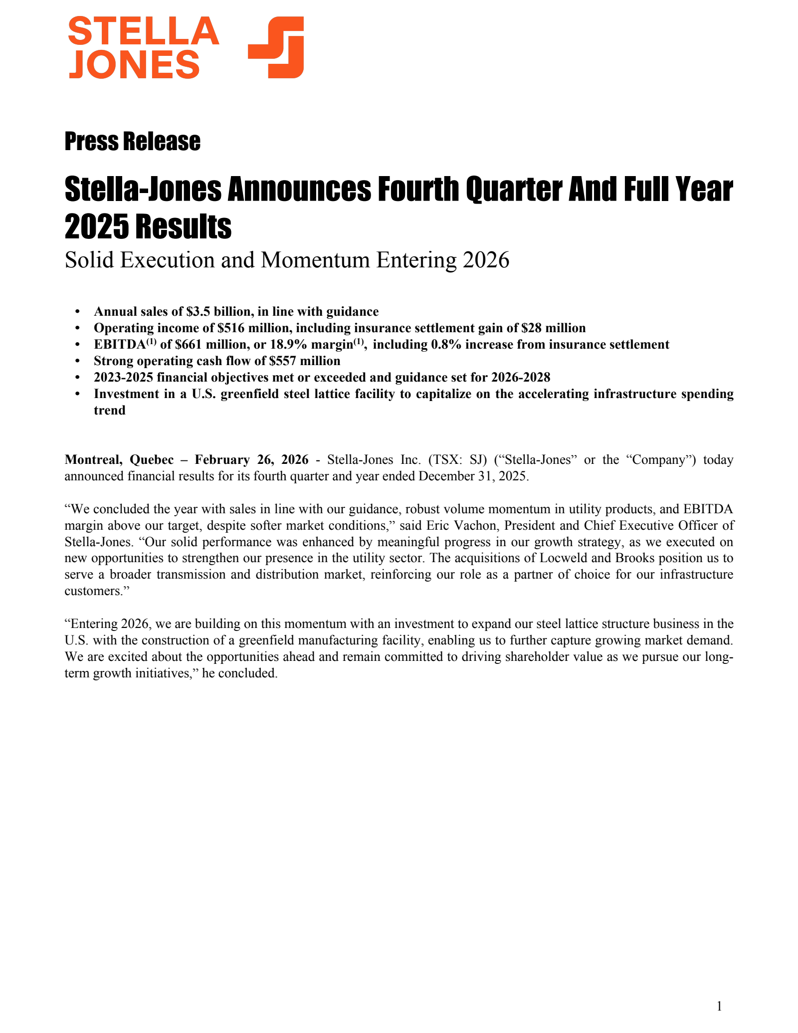 Stella-Jones' Q4 2025 Press Release