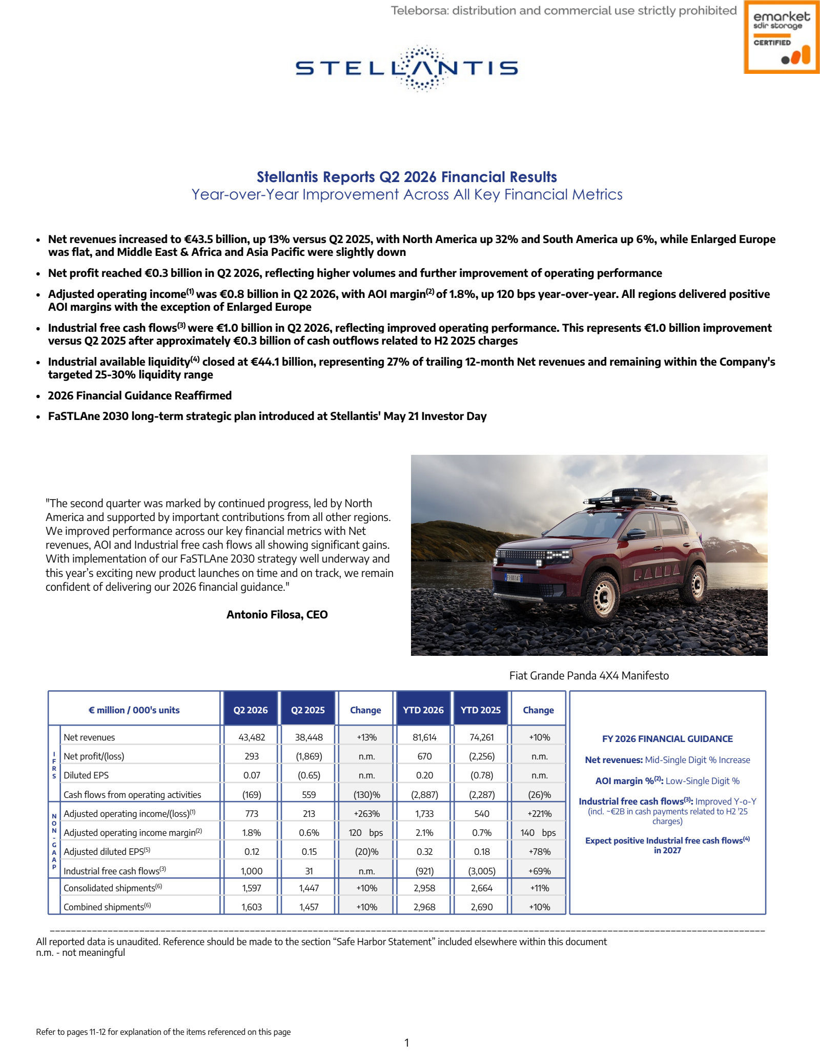 Stellantis' Q2 2026 Press Release