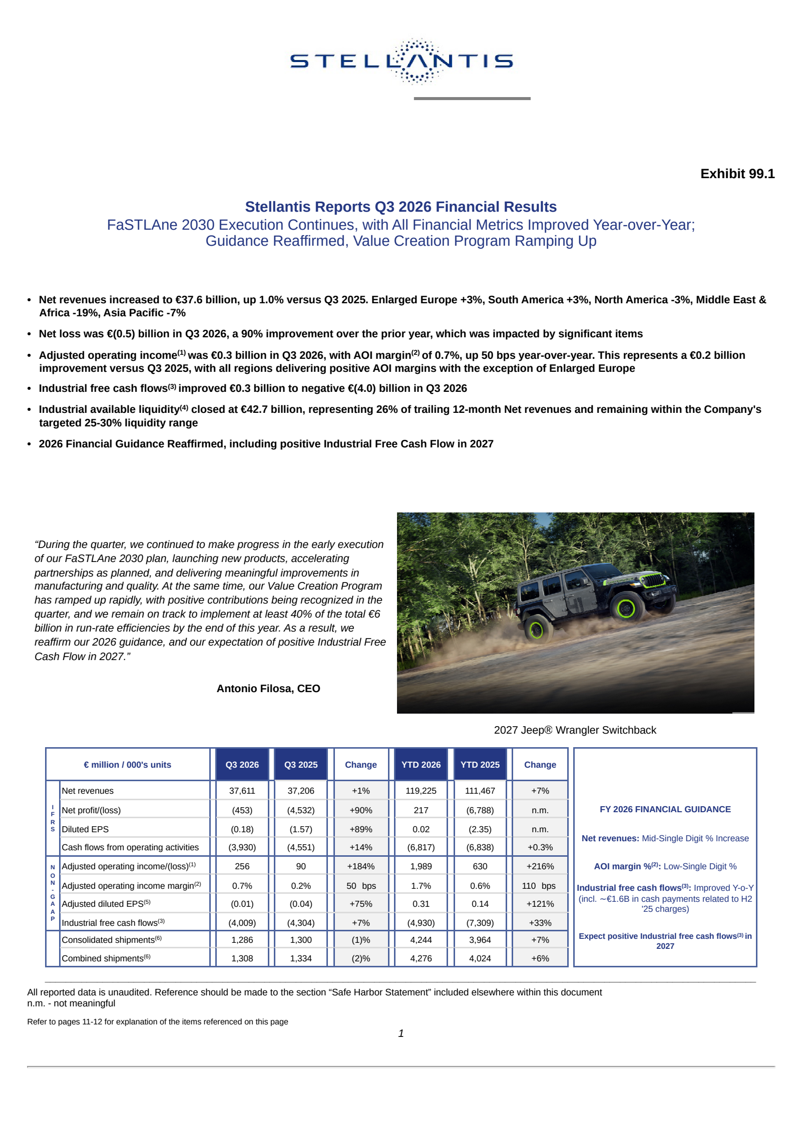 Stellantis' Q3 2026 Press Release