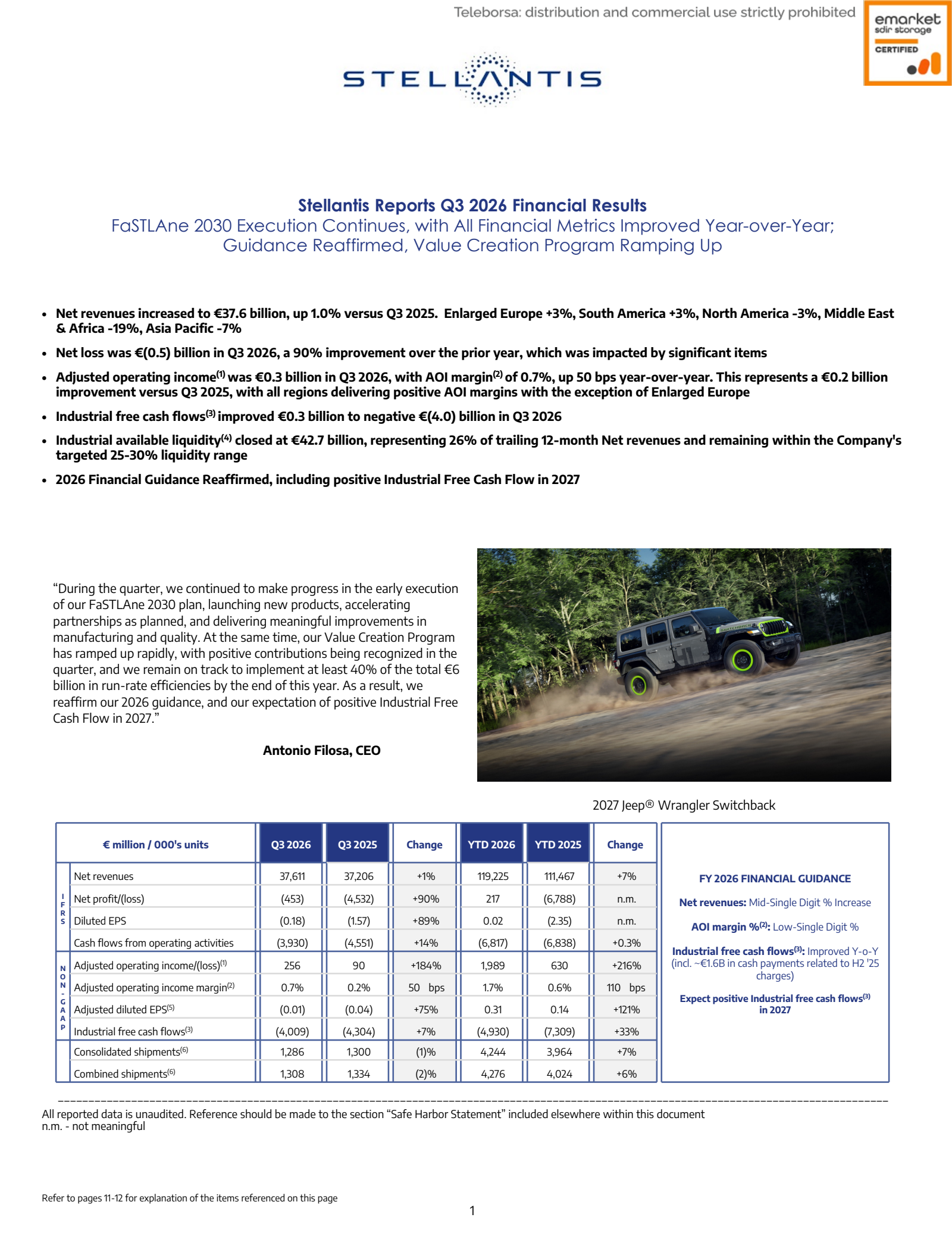 Stellantis' Q3 2026 Press Release