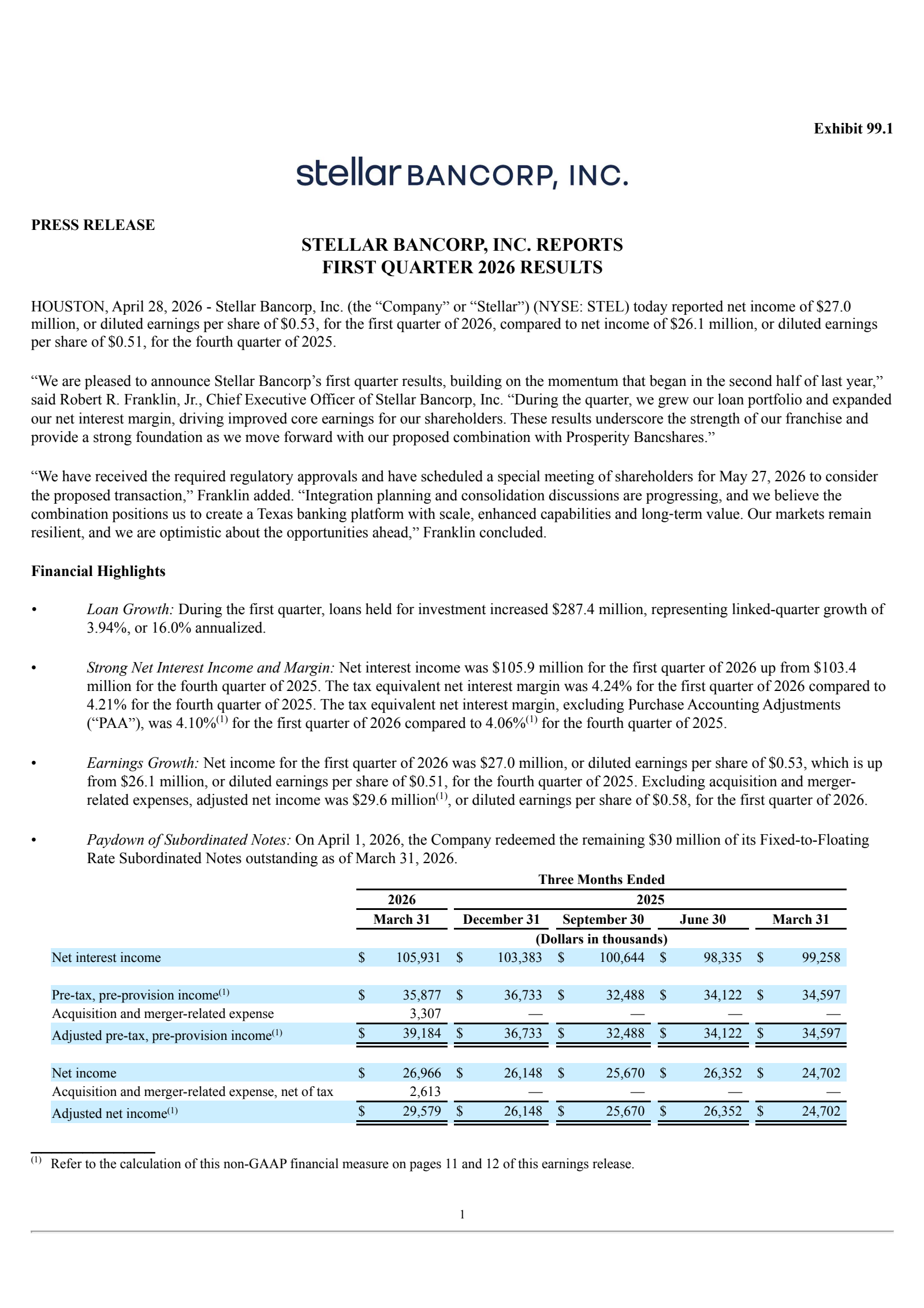 Stellarone's Q1 2026 Press Release