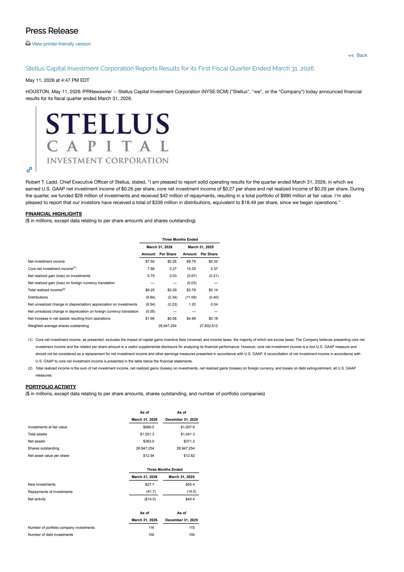 Stellus Capital Investment's Q1 2026 Press Release