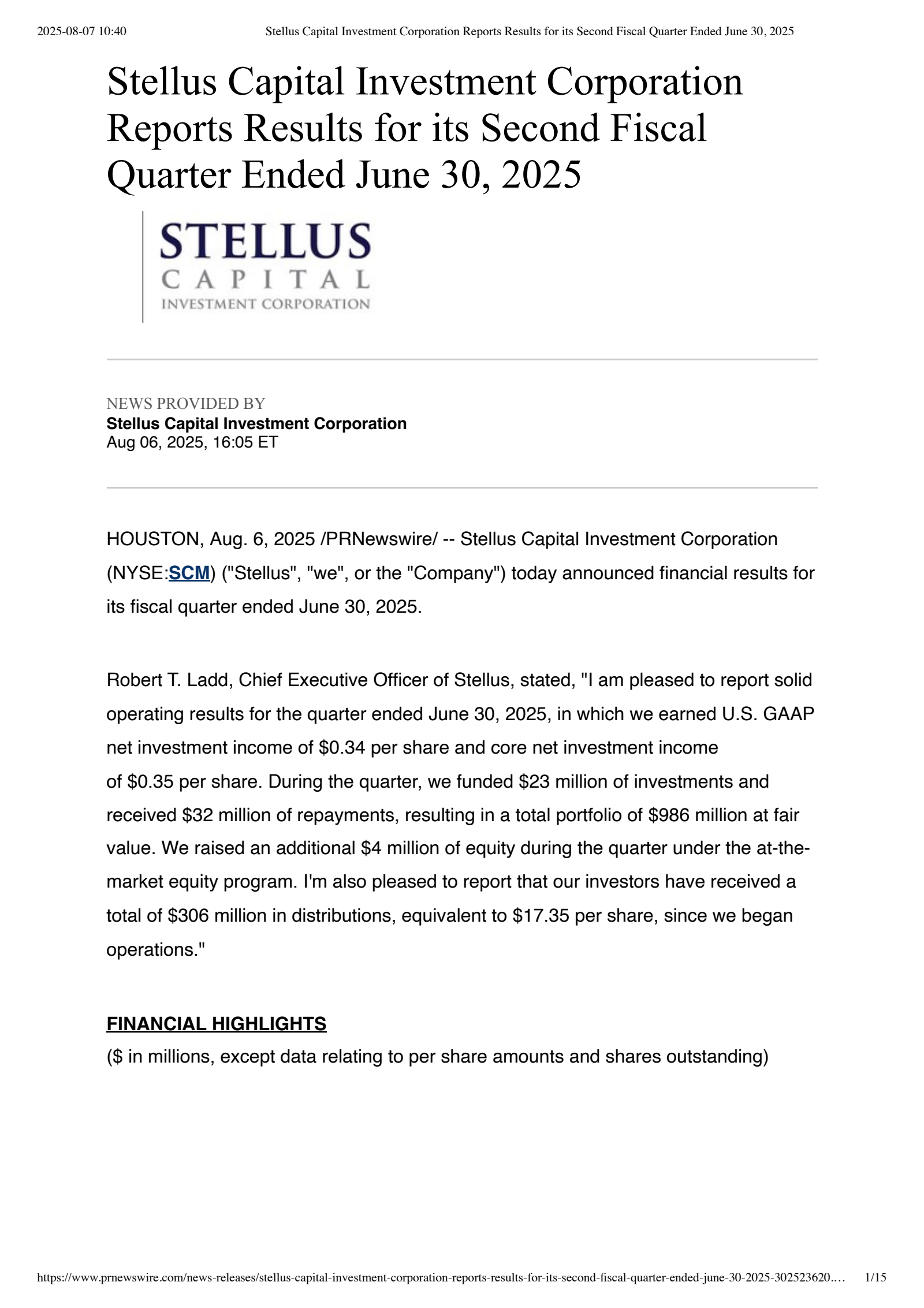 Stellus Capital Investment's Q2 2025 Press Release
