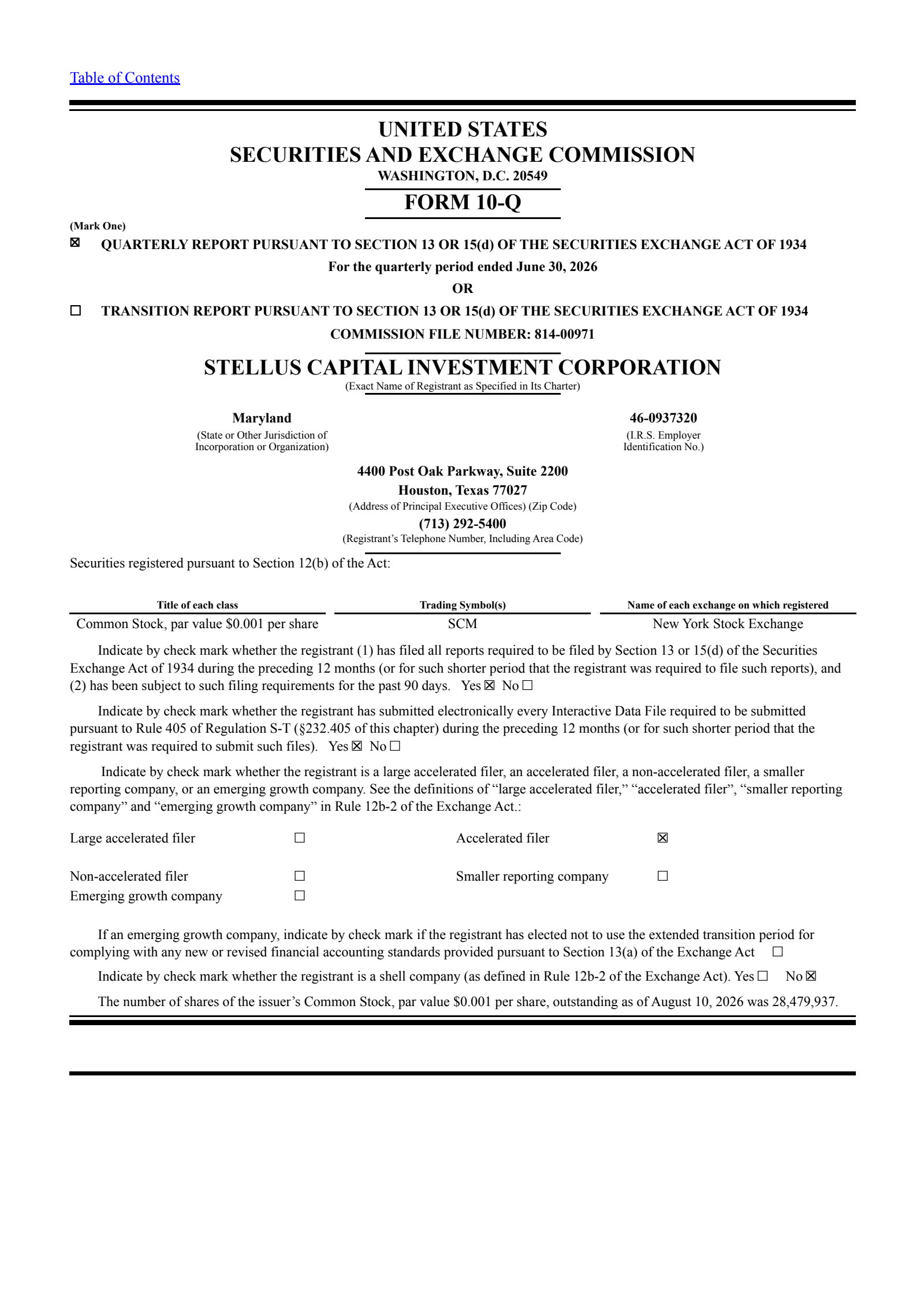 Stellus Capital Investment's Q2 2026 Quarterly report