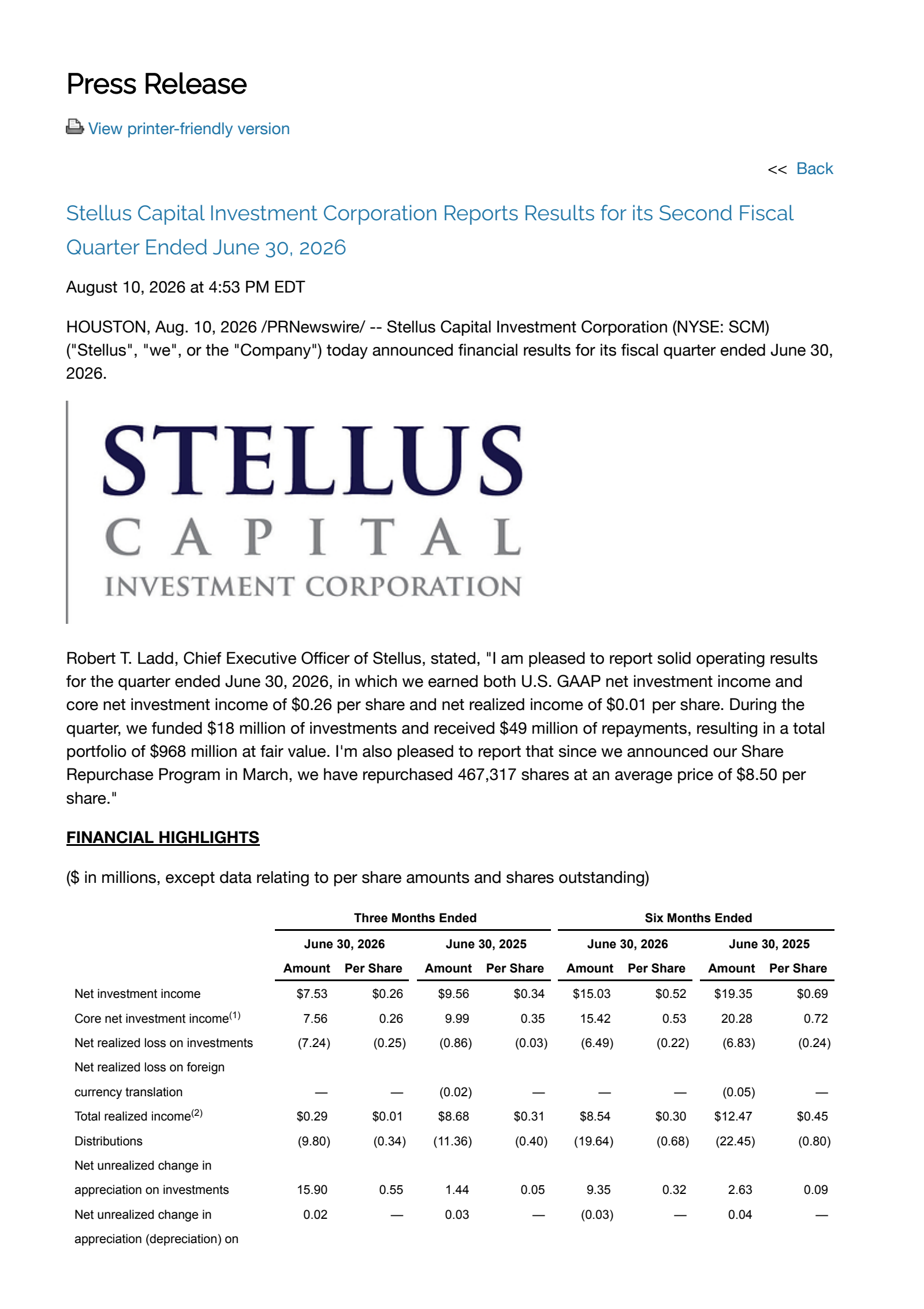 Stellus Capital Investment's Q2 2026 Press Release