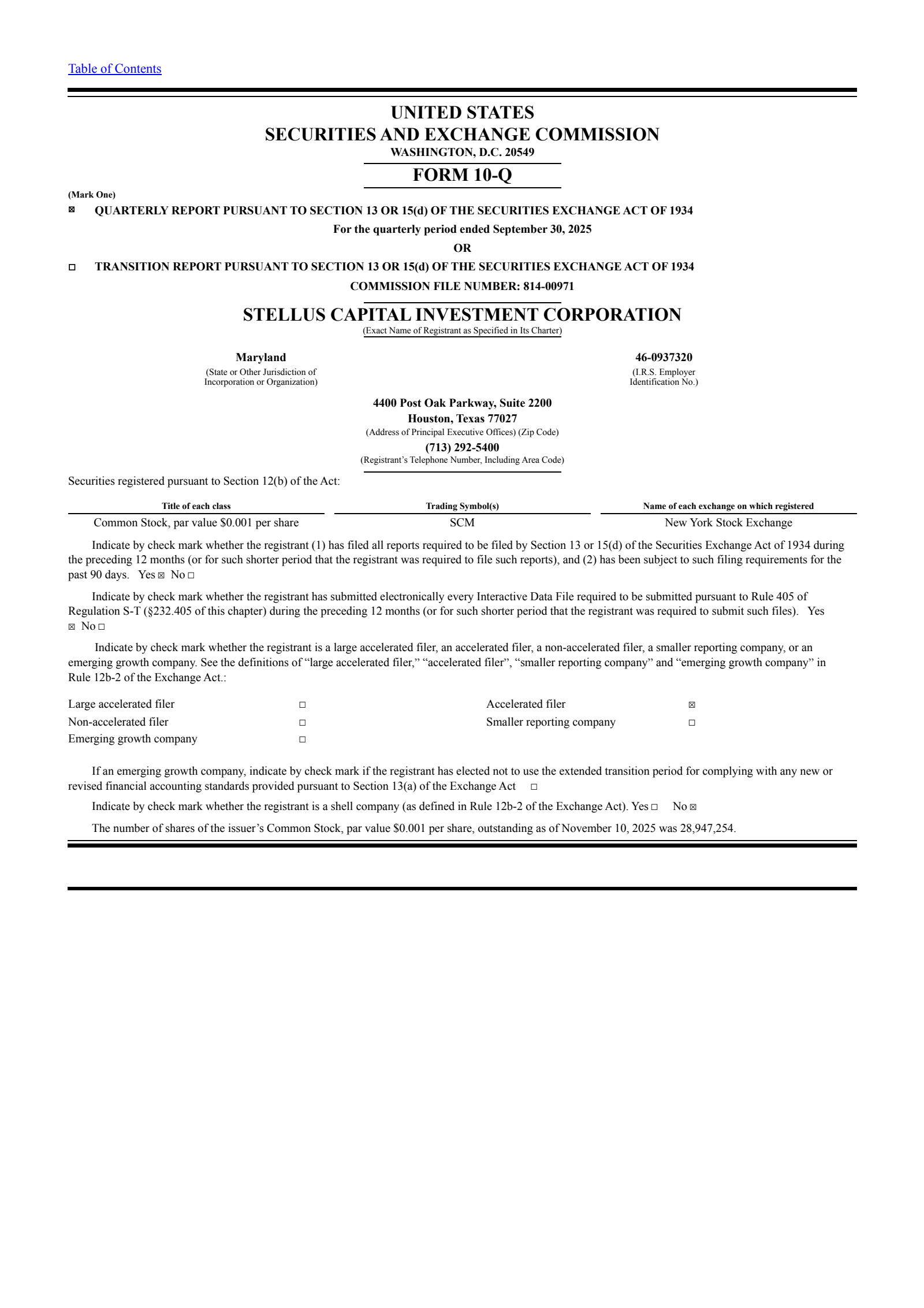 Stellus Capital Investment's Q3 2025 Quarterly Report