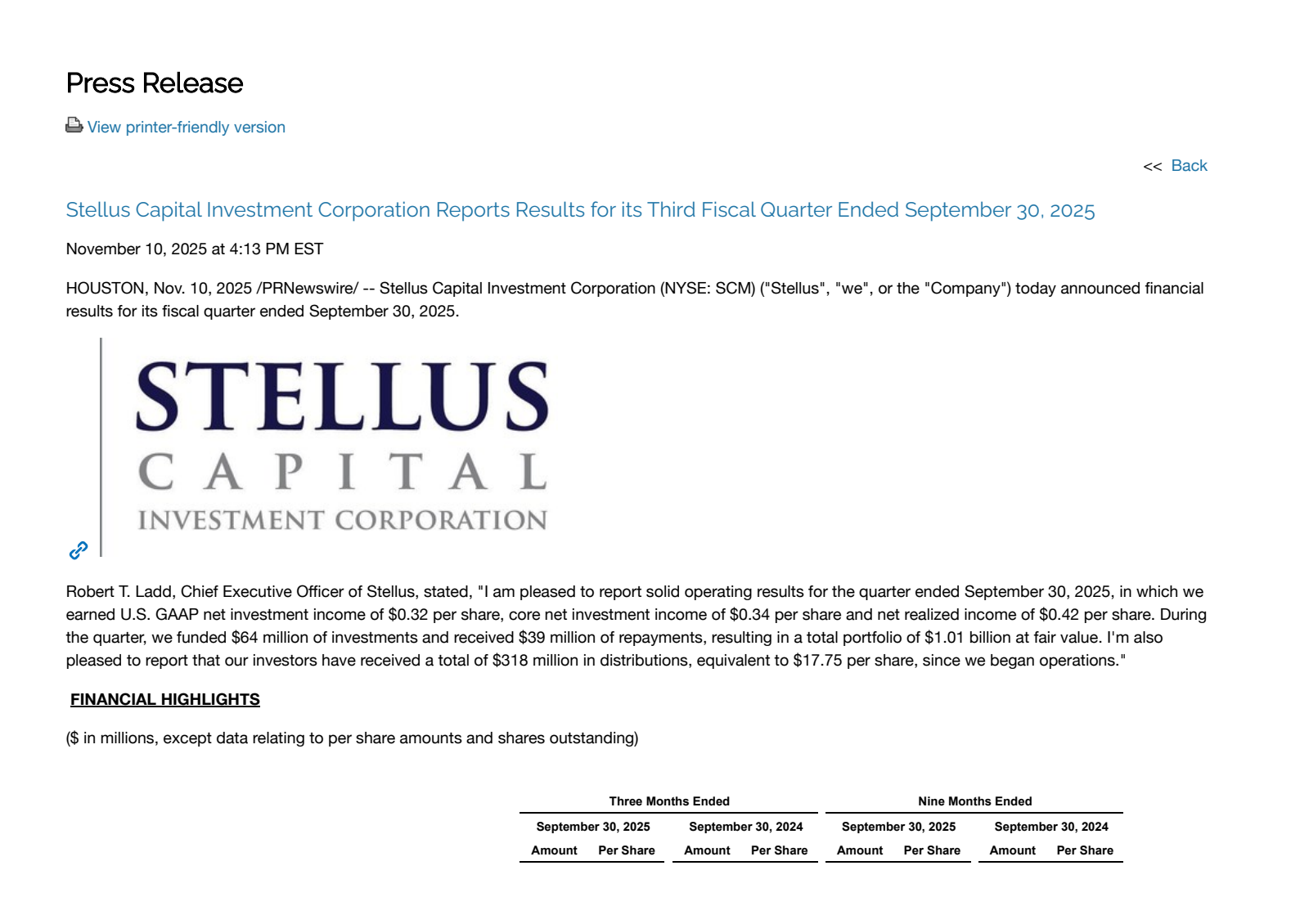 Stellus Capital Investment's Q3 2025 Earnings Release