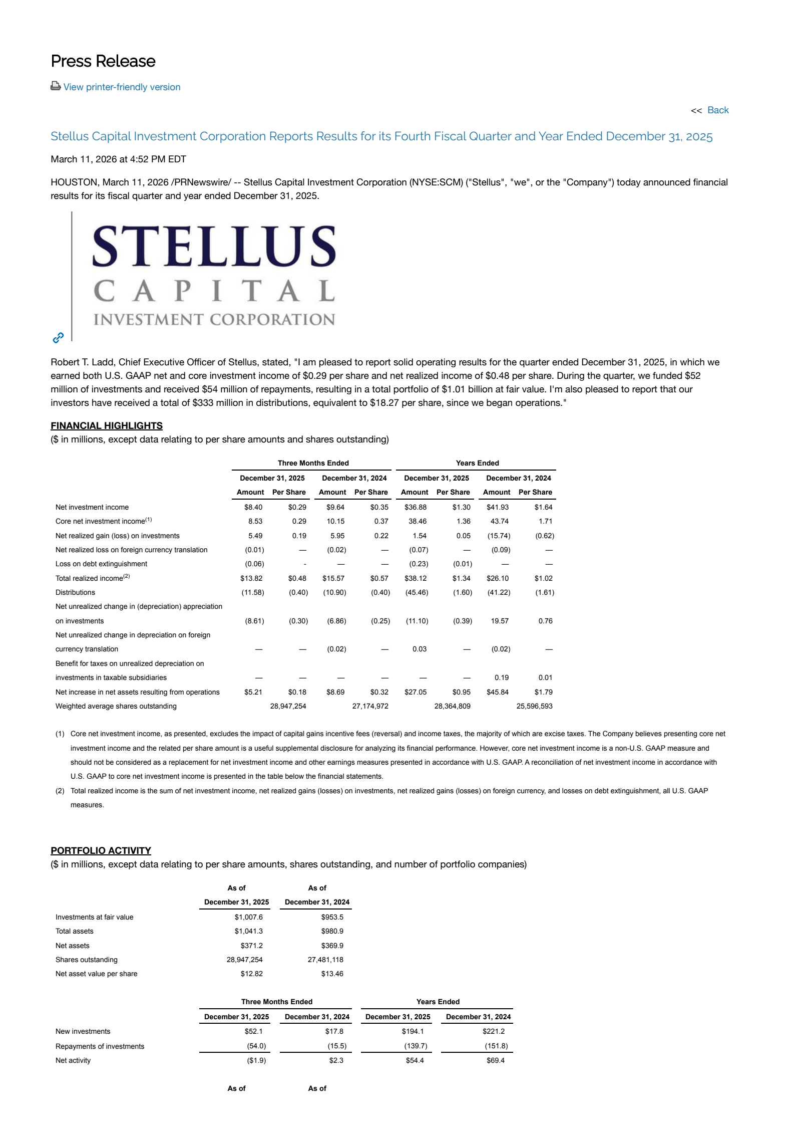 Stellus Capital Investment's Q4 2025 Press Release