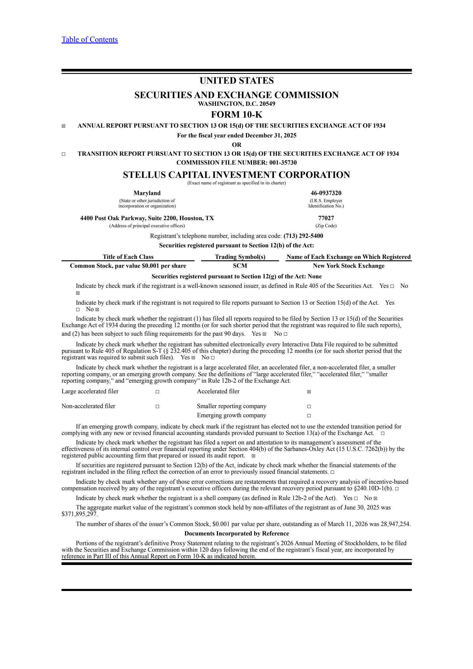 Stellus Capital Investment's Q4 2025 Annual report