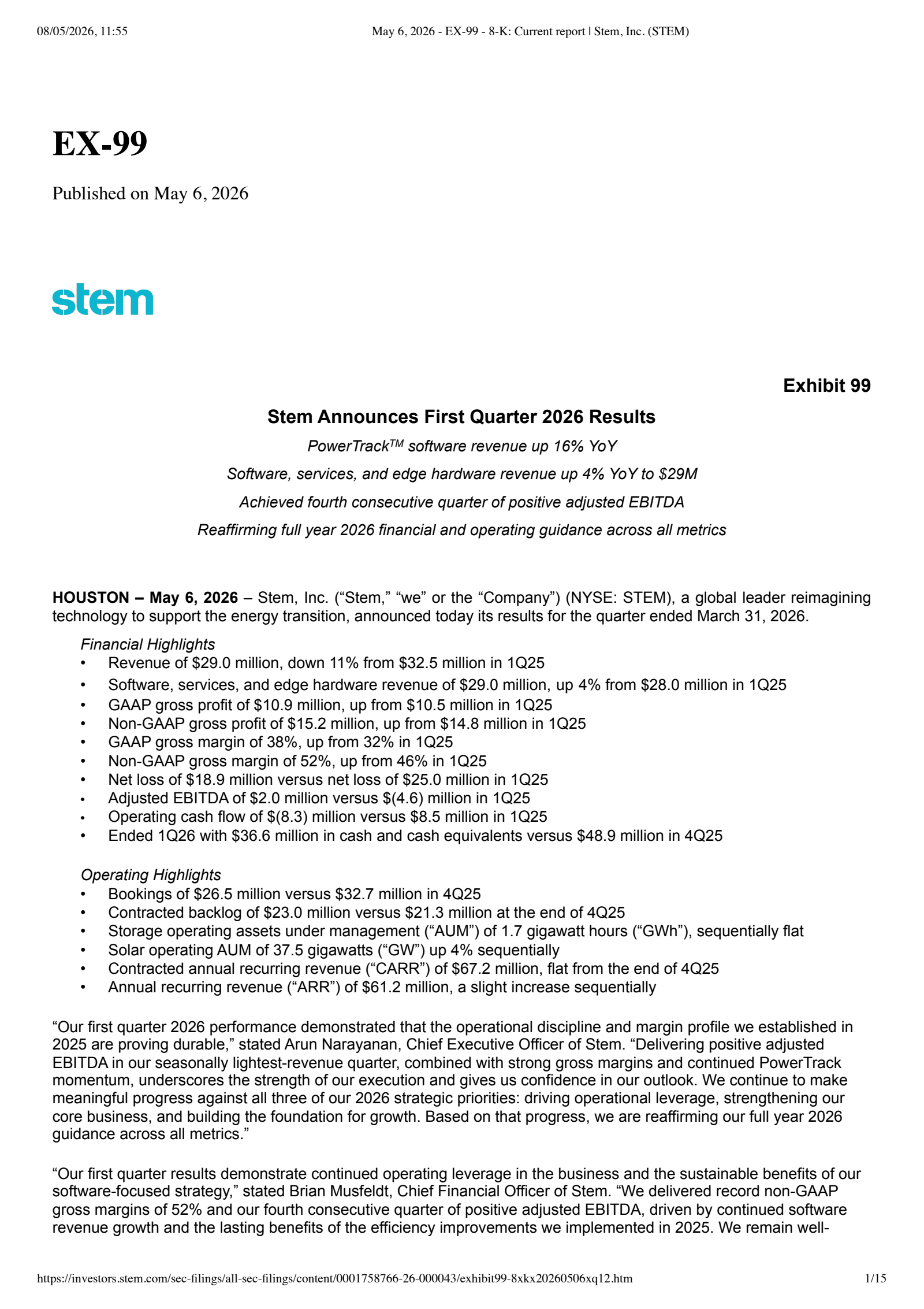 Stem's Q1 2026 Press Release