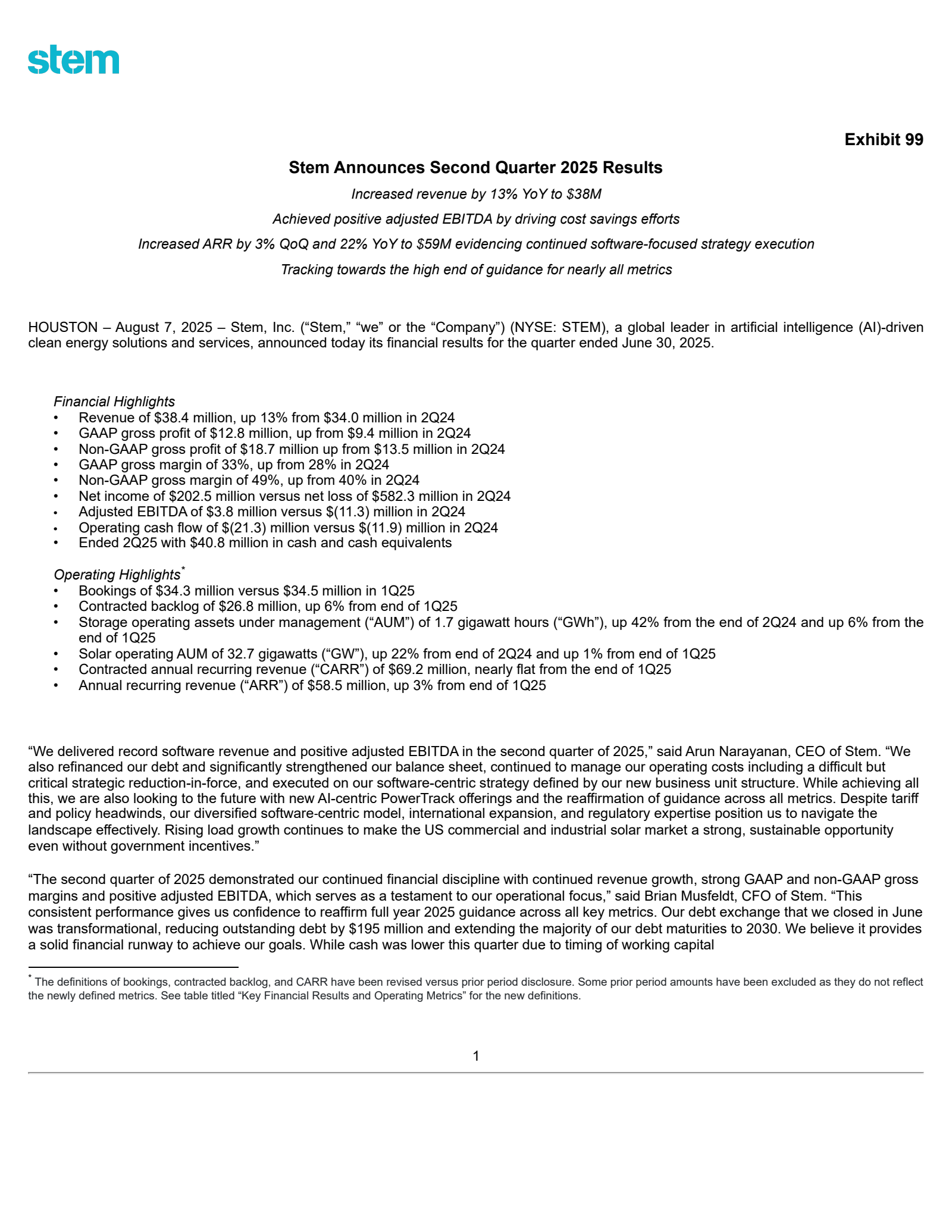 Stem's Q2 2025 Press Release
