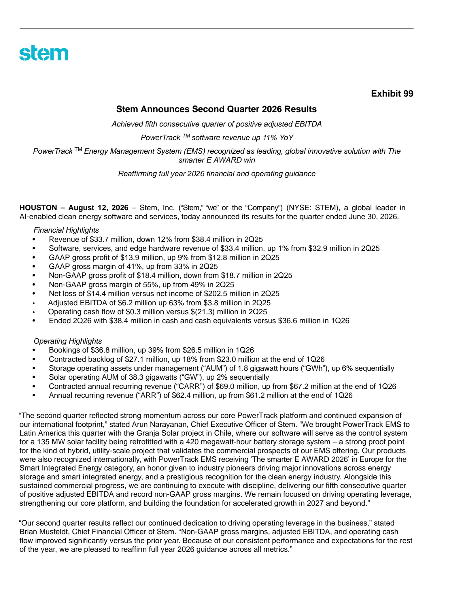 Stem's Q2 2026 Press Release
