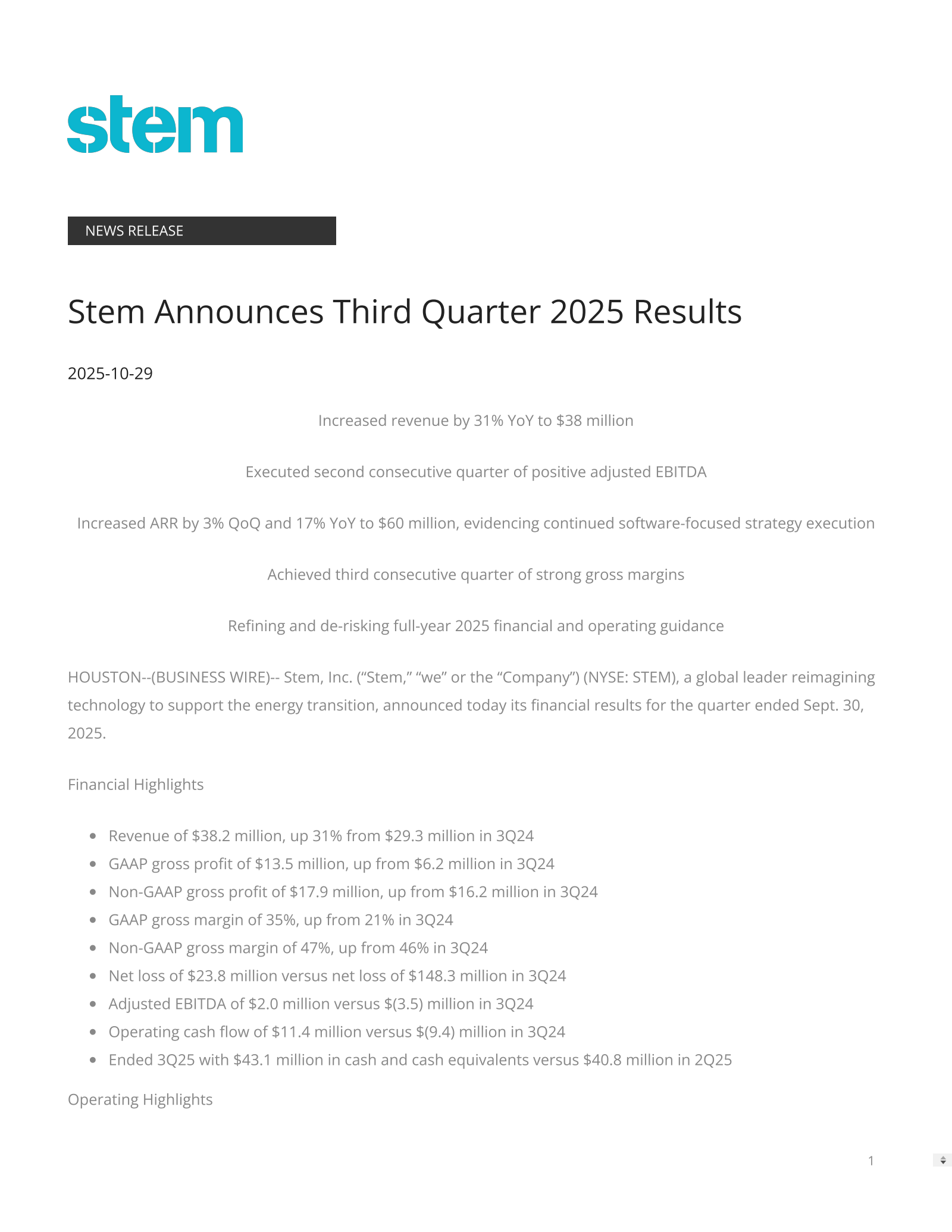 Stem's Q3 2025 Earnings Release