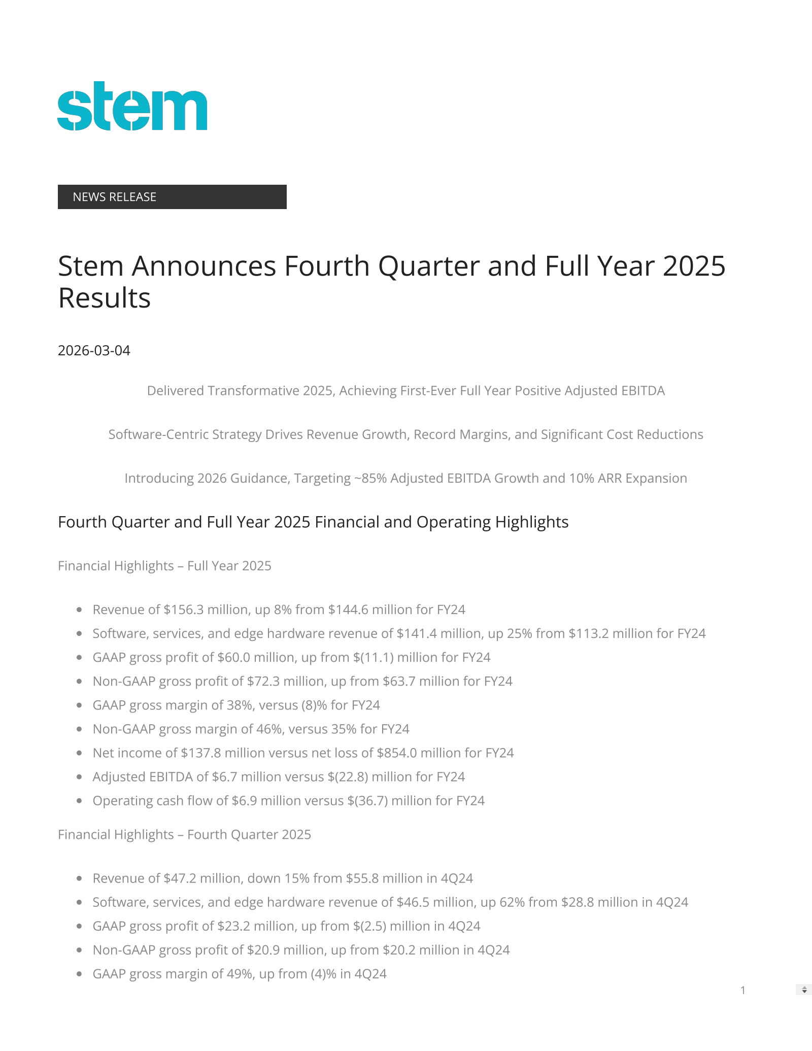 Stem's Q4 2025 Press Release