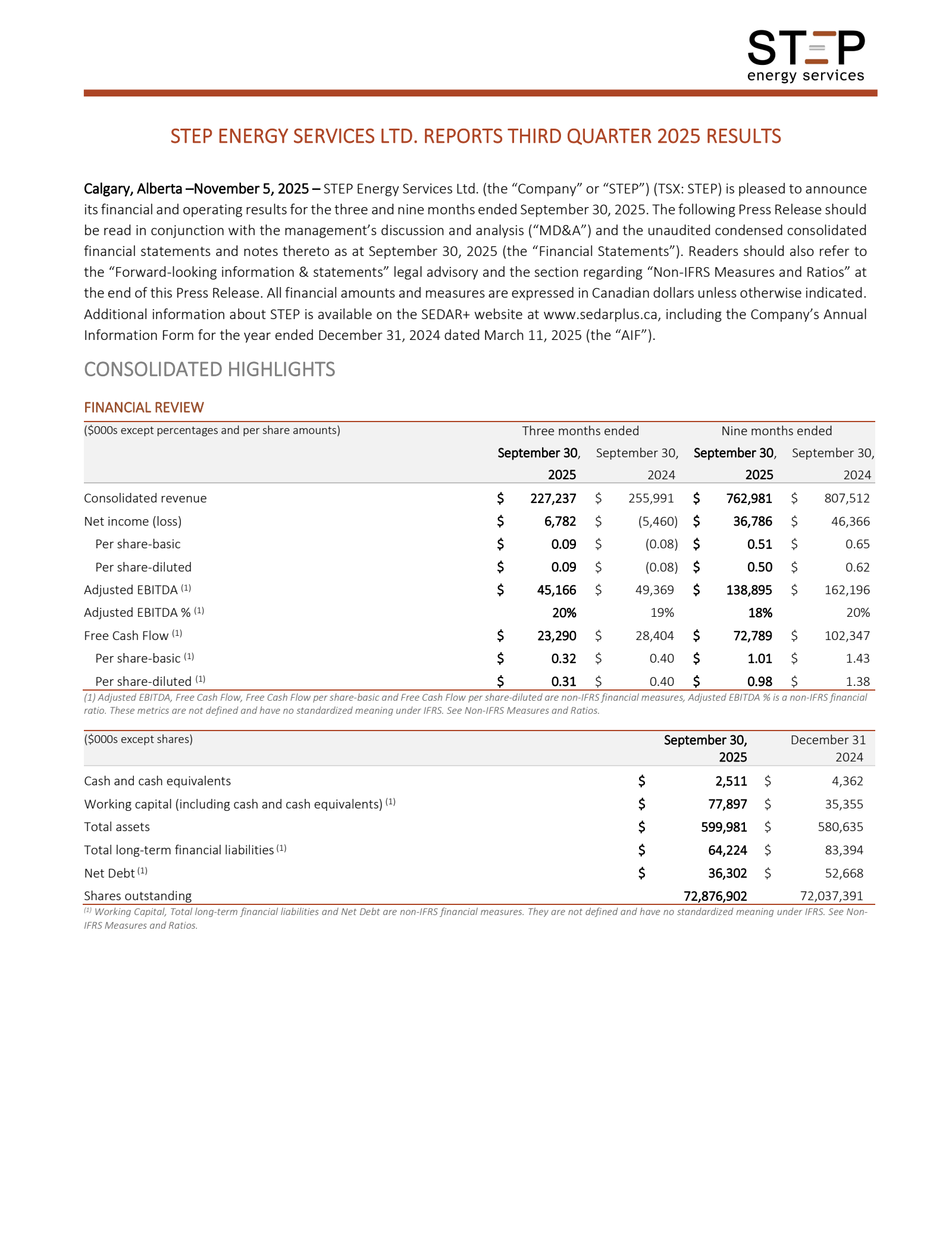 STEP Energy Services' Q3 2025 Earnings Release