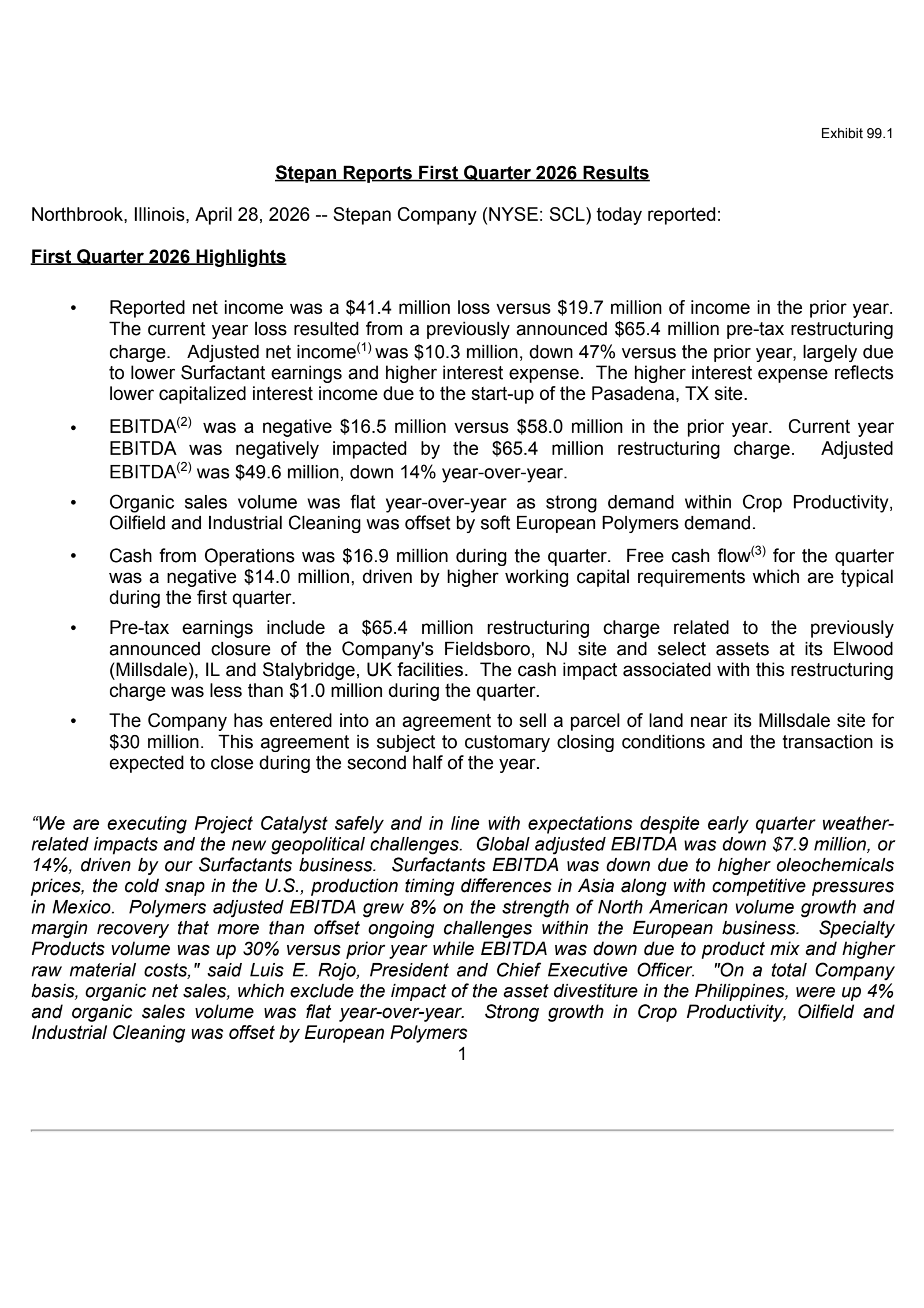 Stepan's Q1 2026 Press Release