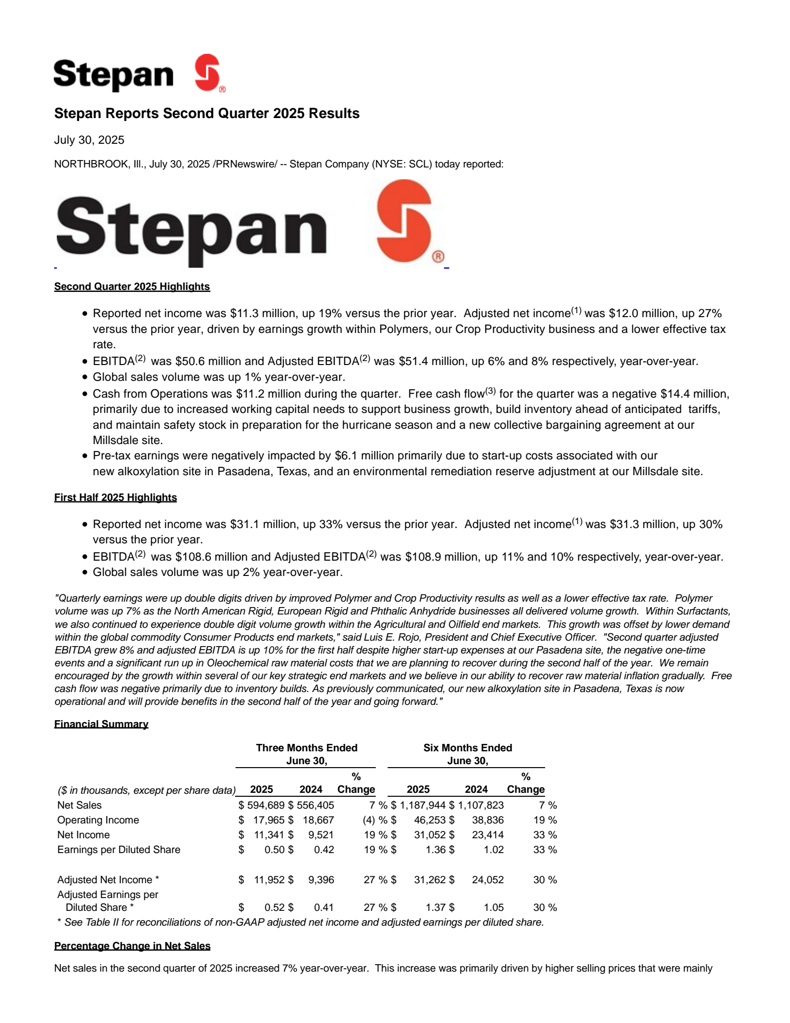 Stepan's Q2 2025 Press Release