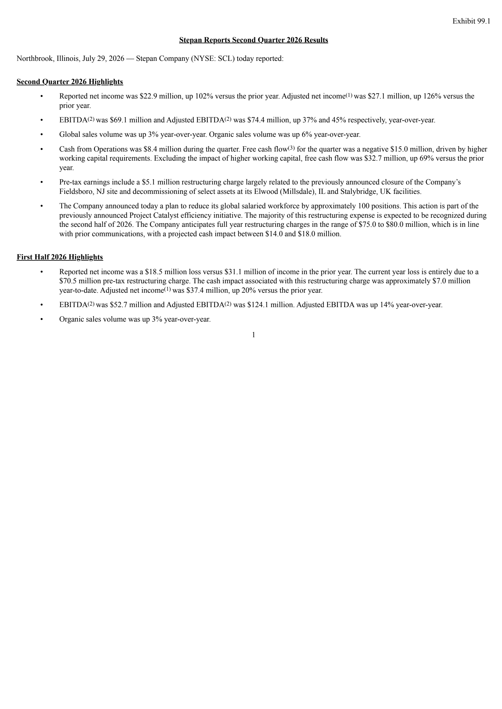 Stepan's Q2 2026 Press Release