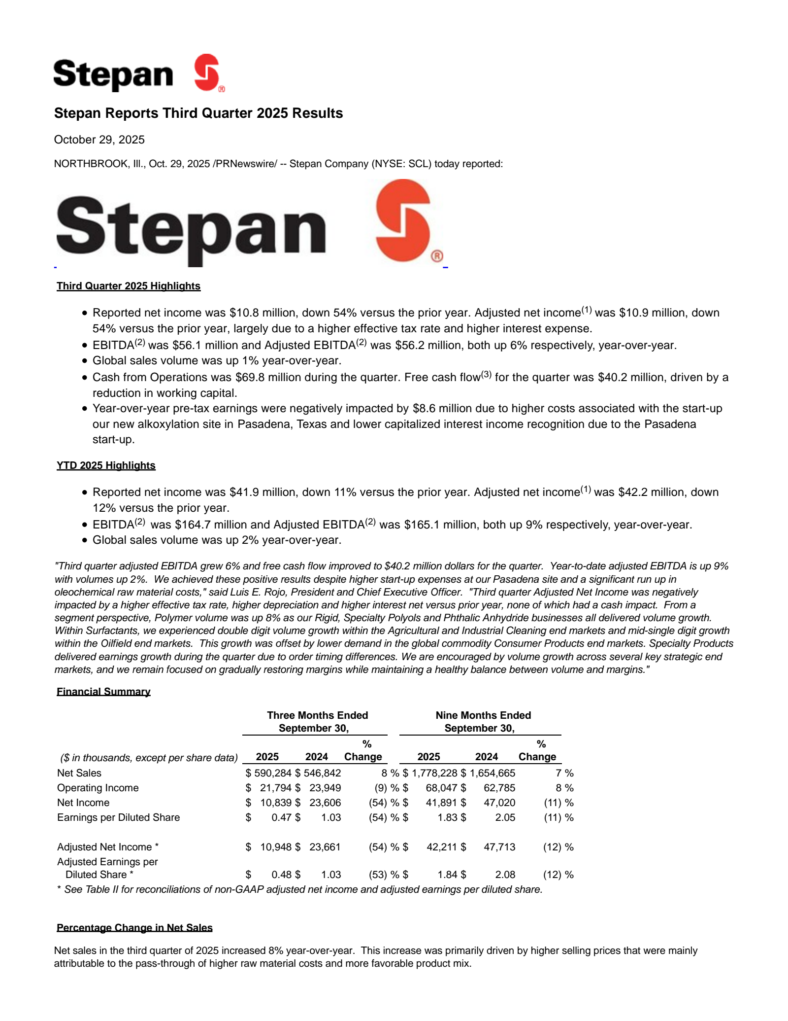 Stepan's Q3 2025 Earnings Release