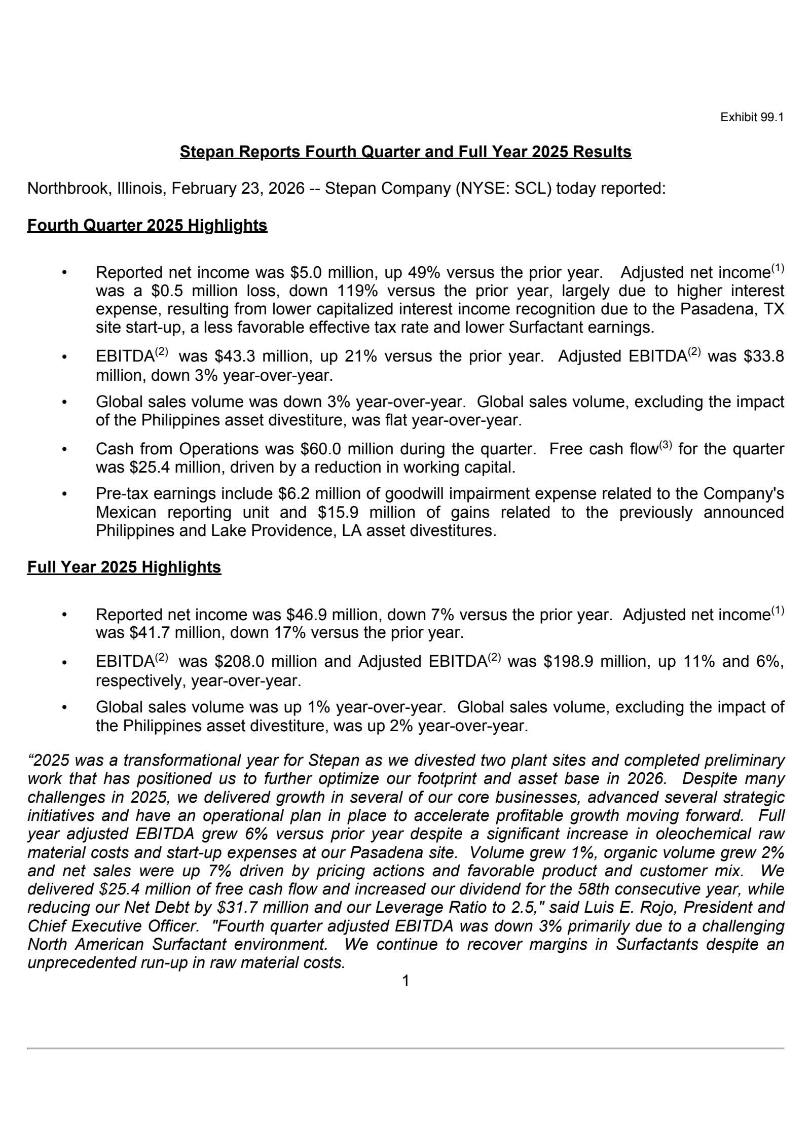 Stepan's Q4 2025 Press Release