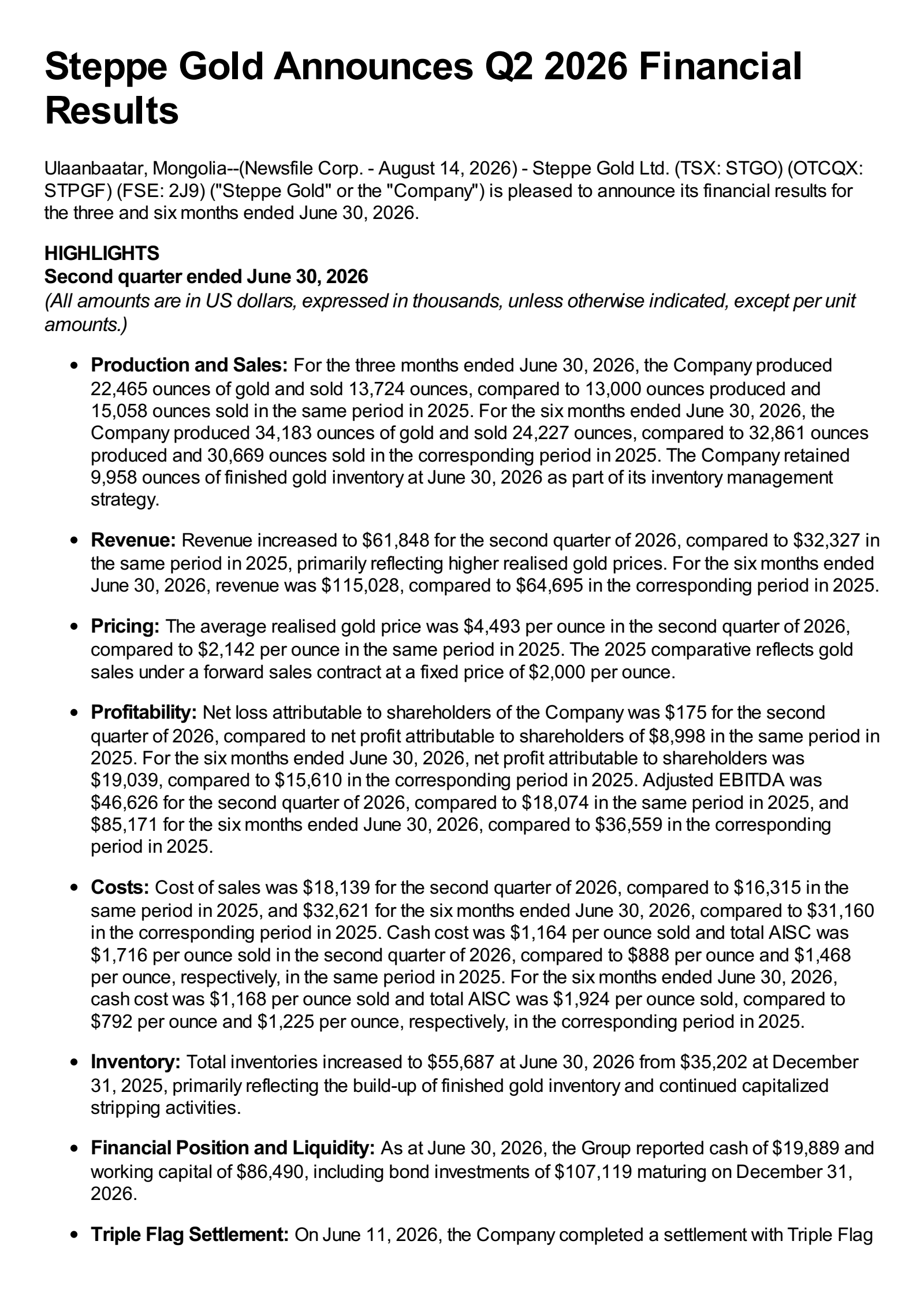 Steppe Gold's Q2 2026 Press Release
