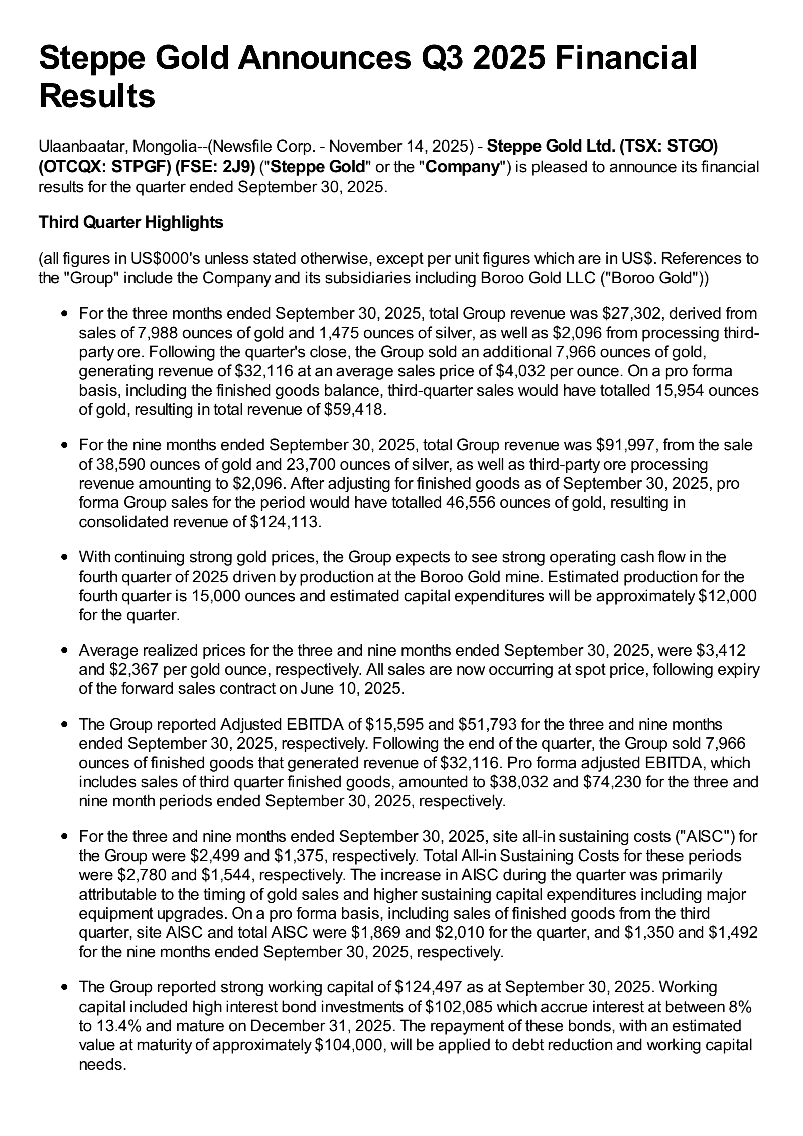 Steppe Gold's Q3 2025 Press Release