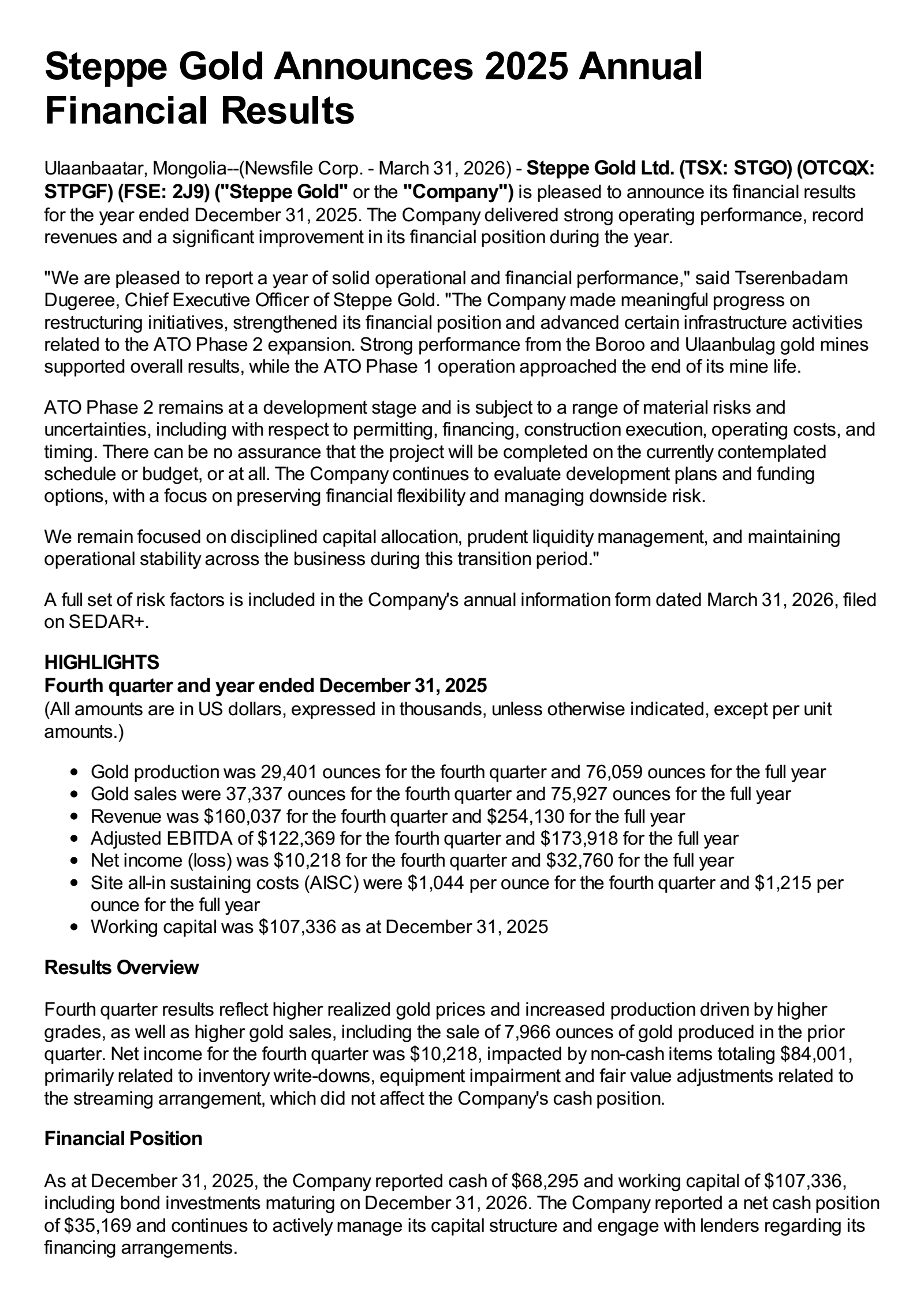 Steppe Gold's Q4 2025 Press Release