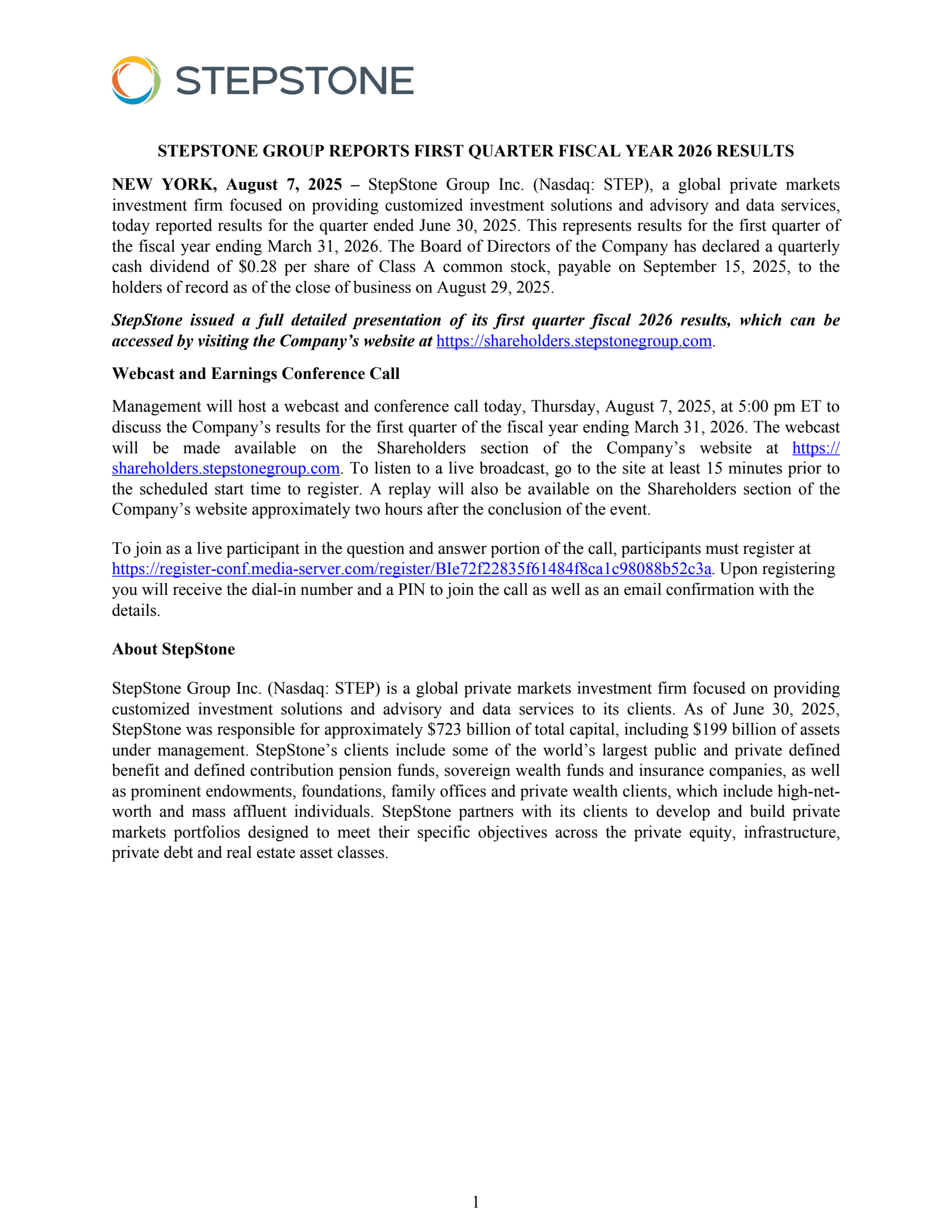 StepStone Group's Q1 2026 Press Release