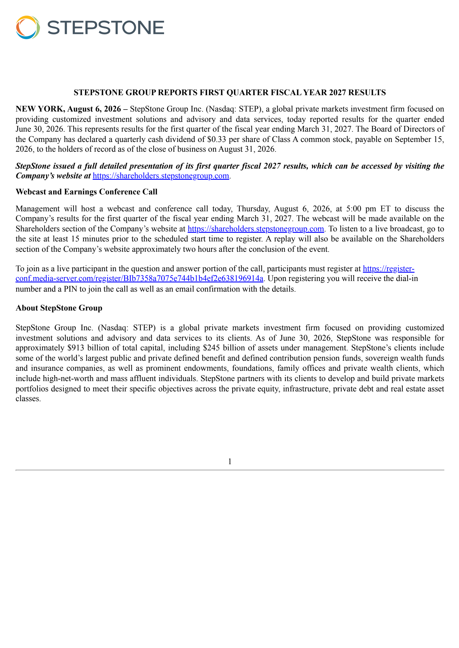 StepStone Group's Q1 2027 Press Release