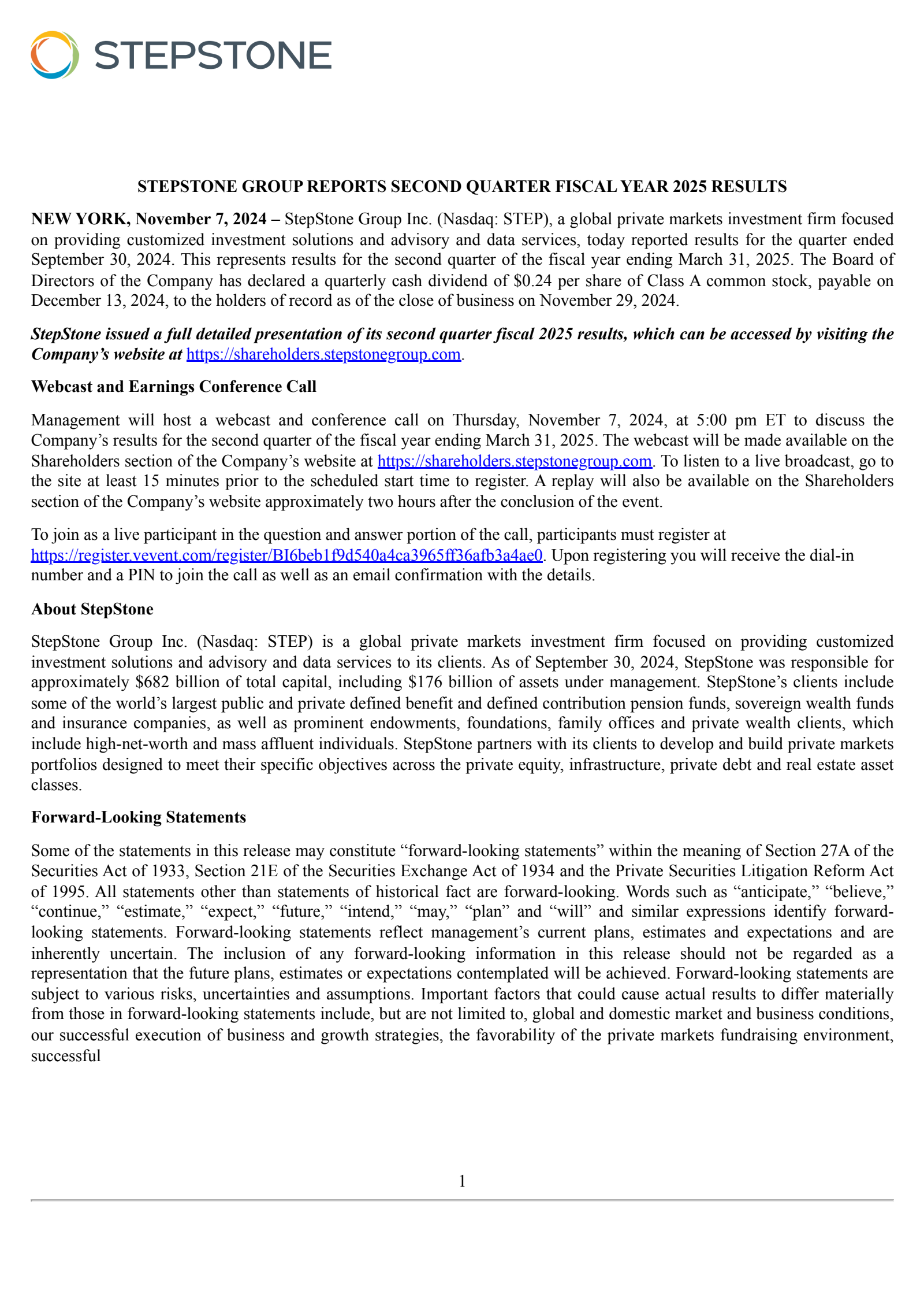 StepStone Group's Q2 2025 Press Release