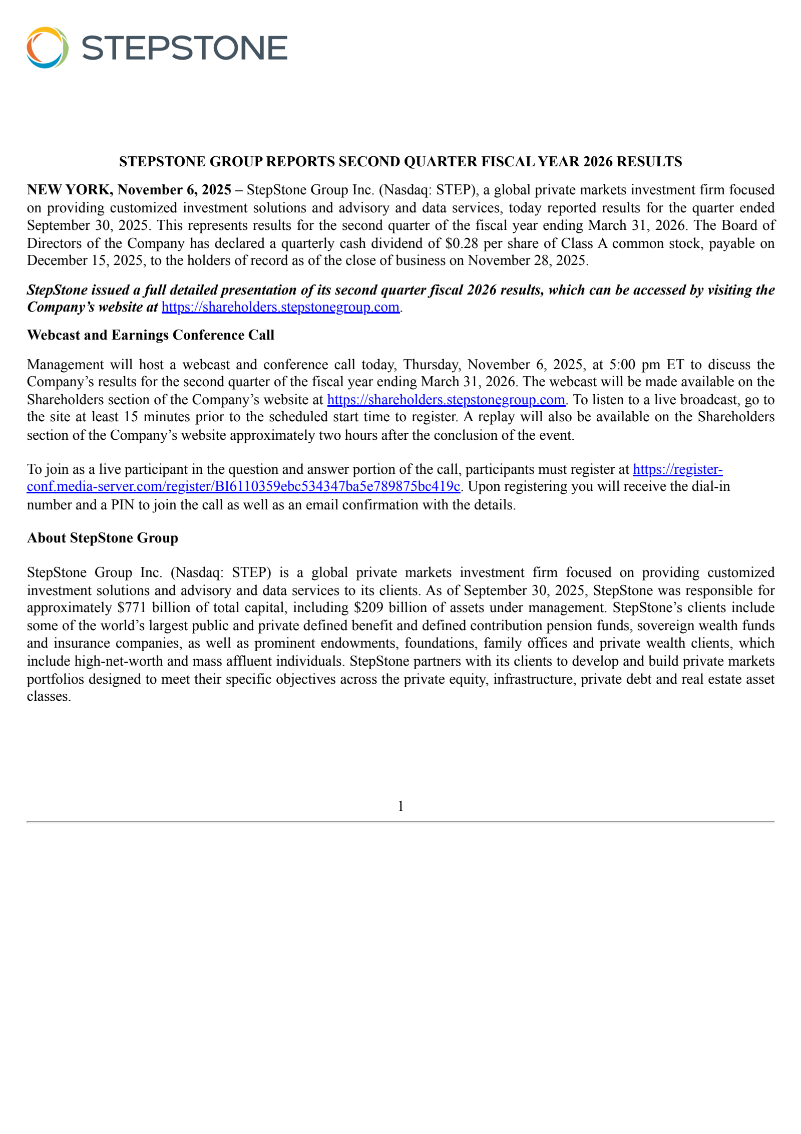 StepStone Group's Q2 2026 Earnings Release