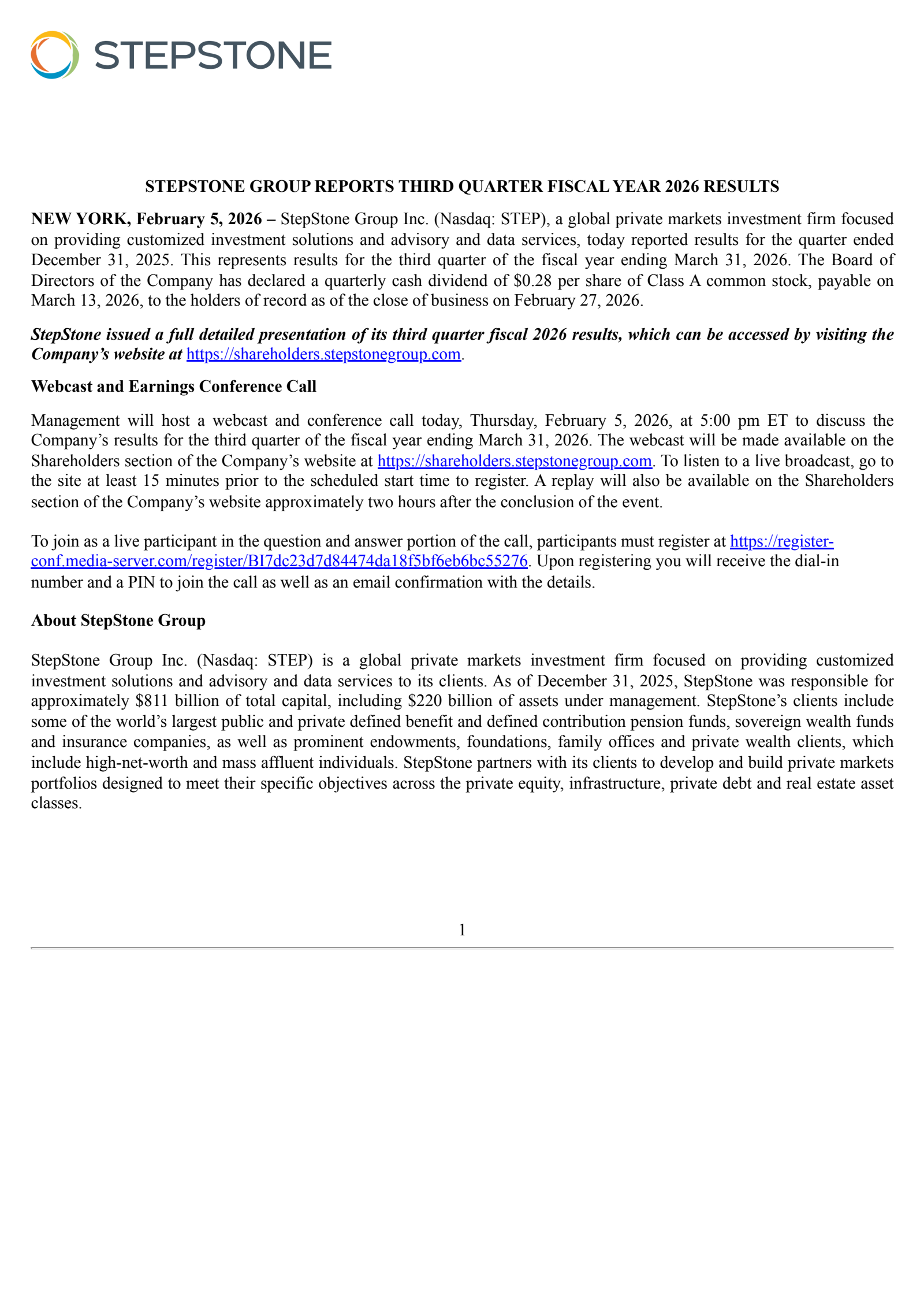 StepStone Group's Q3 2026 Press Release