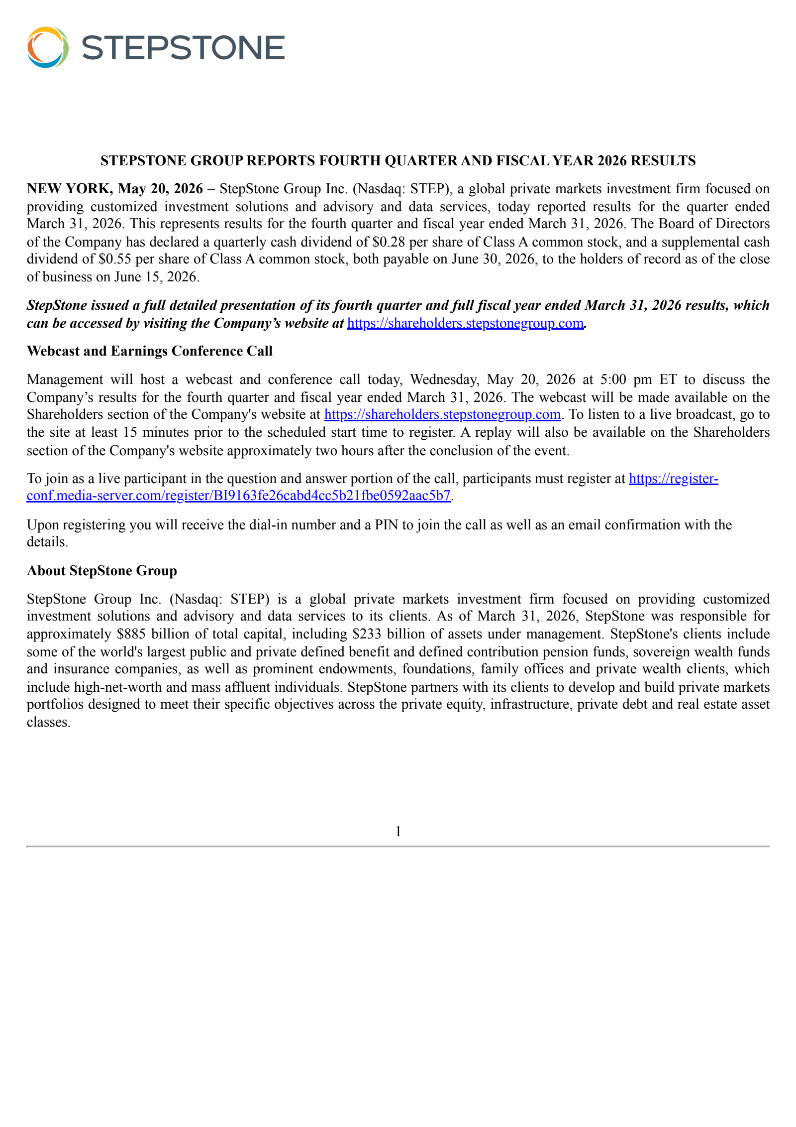 StepStone Group's Q4 2026 Press Release
