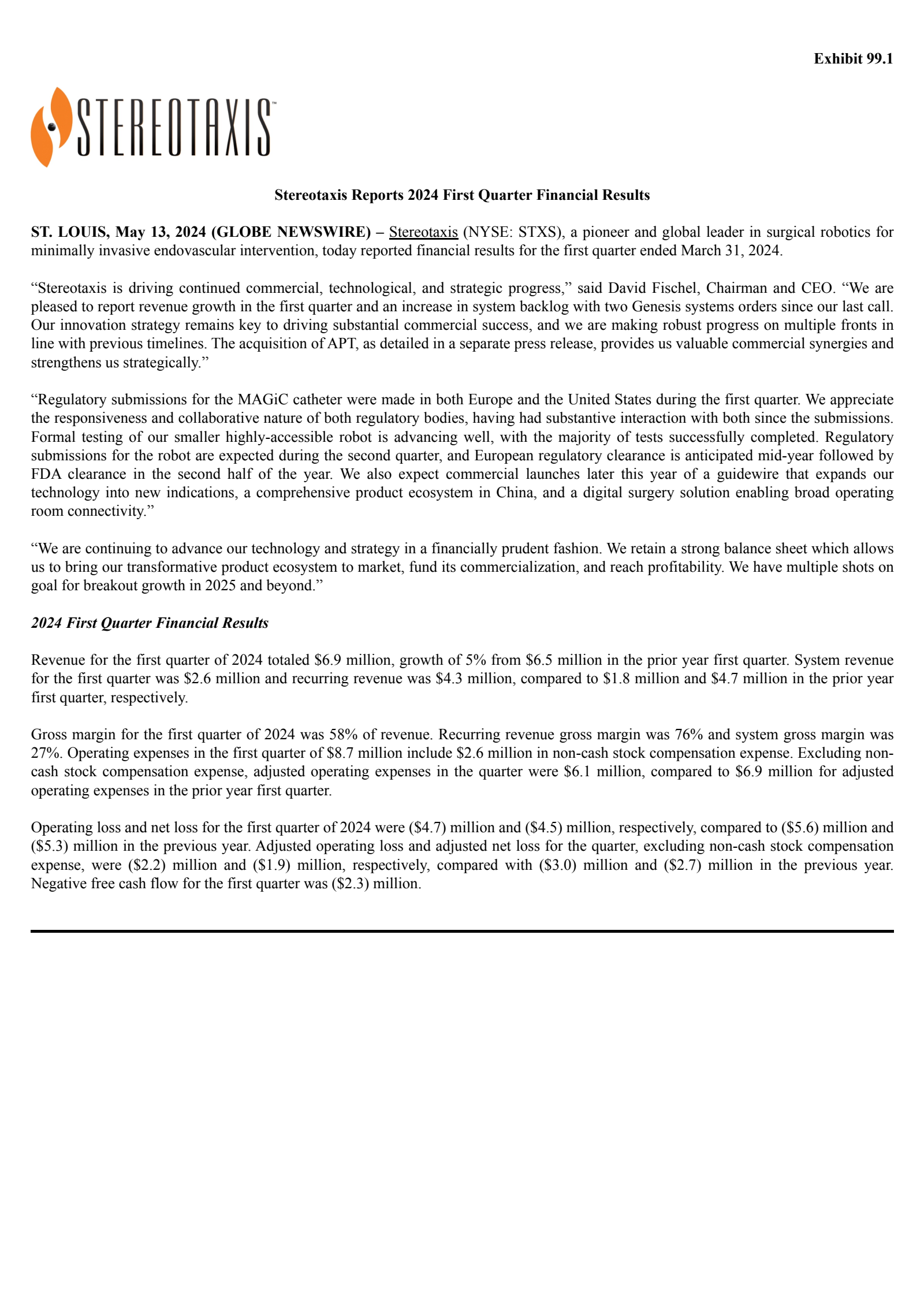 Stereotaxis' Q1 2024 Press Release
