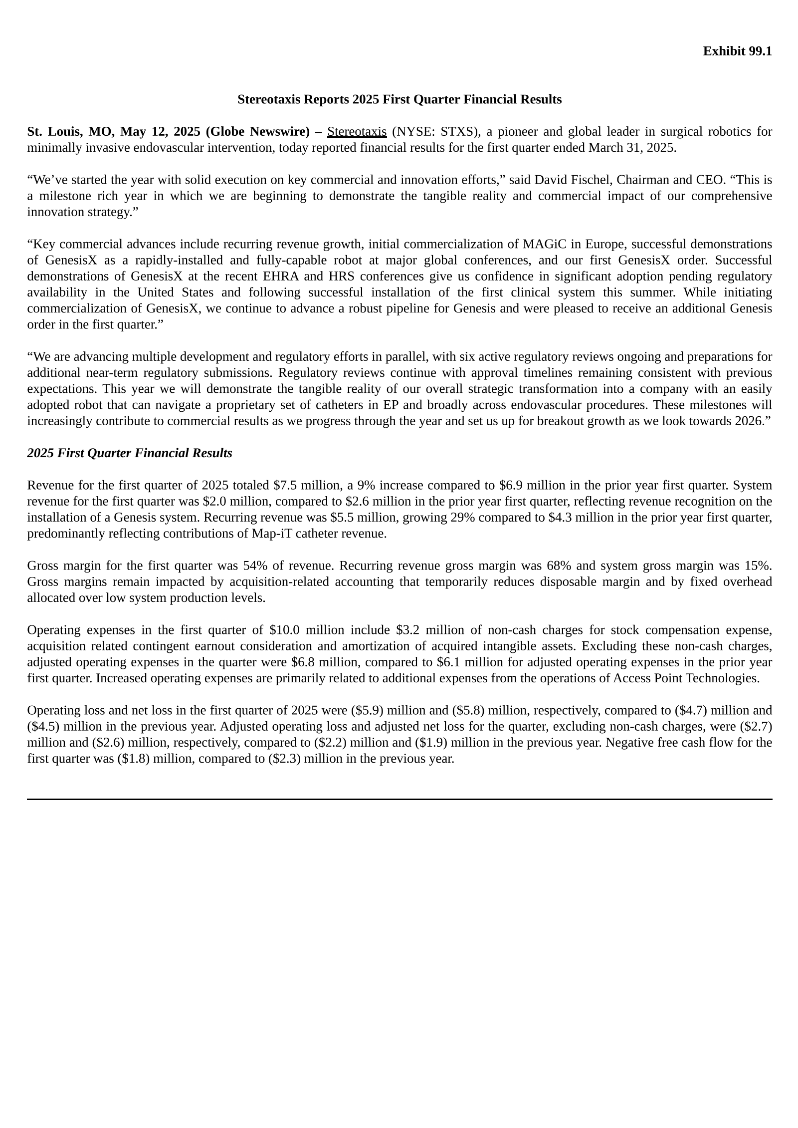 Stereotaxis' Q1 2025 Press Release