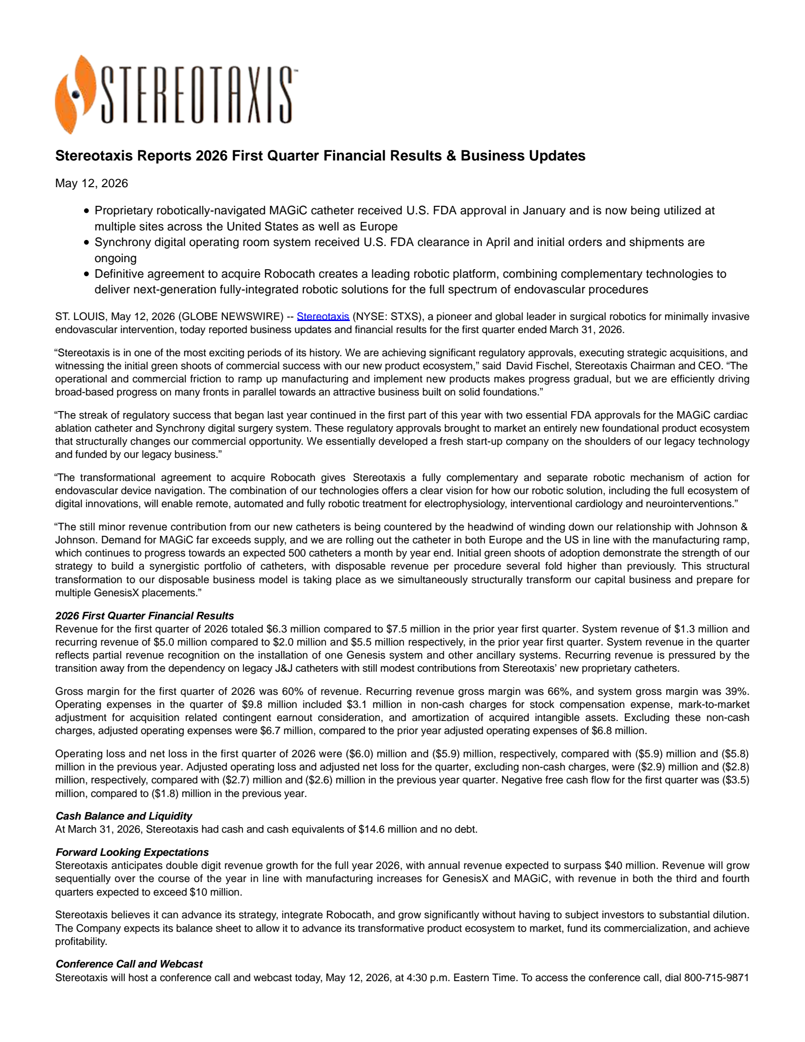 Stereotaxis' Q1 2026 Press Release