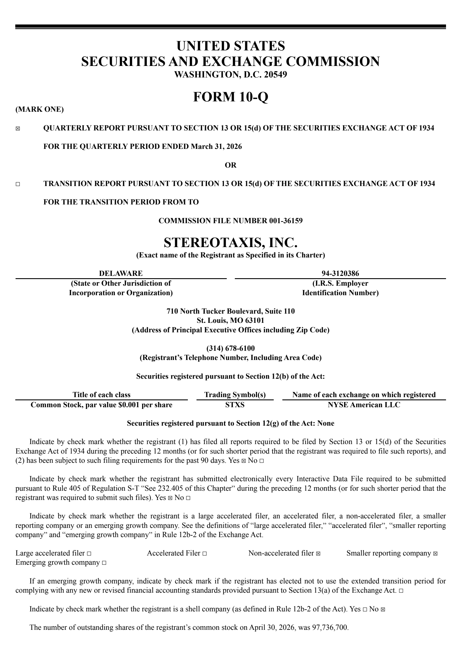 Stereotaxis' Q1 2026 Quarterly report