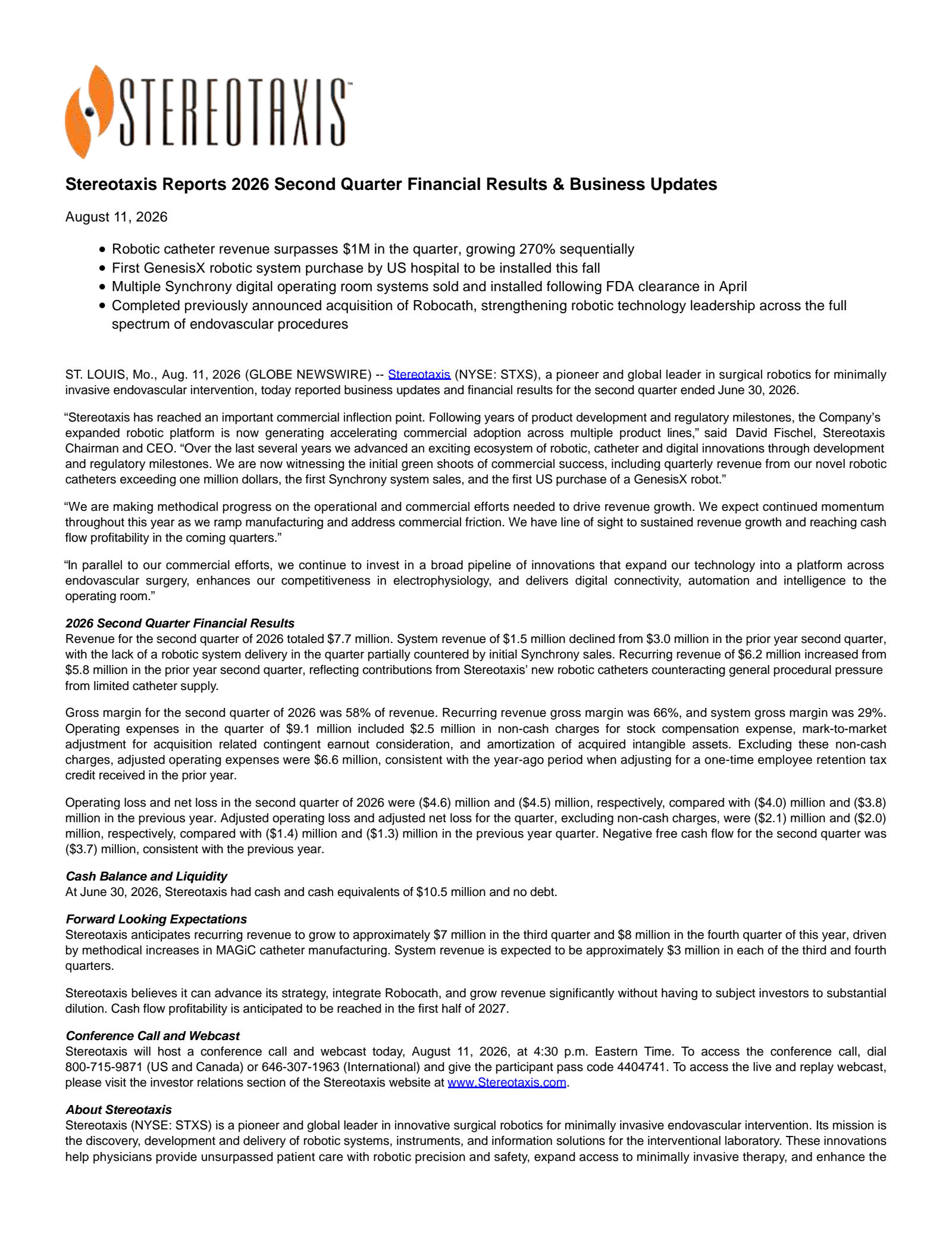 Stereotaxis' Q2 2026 Press Release