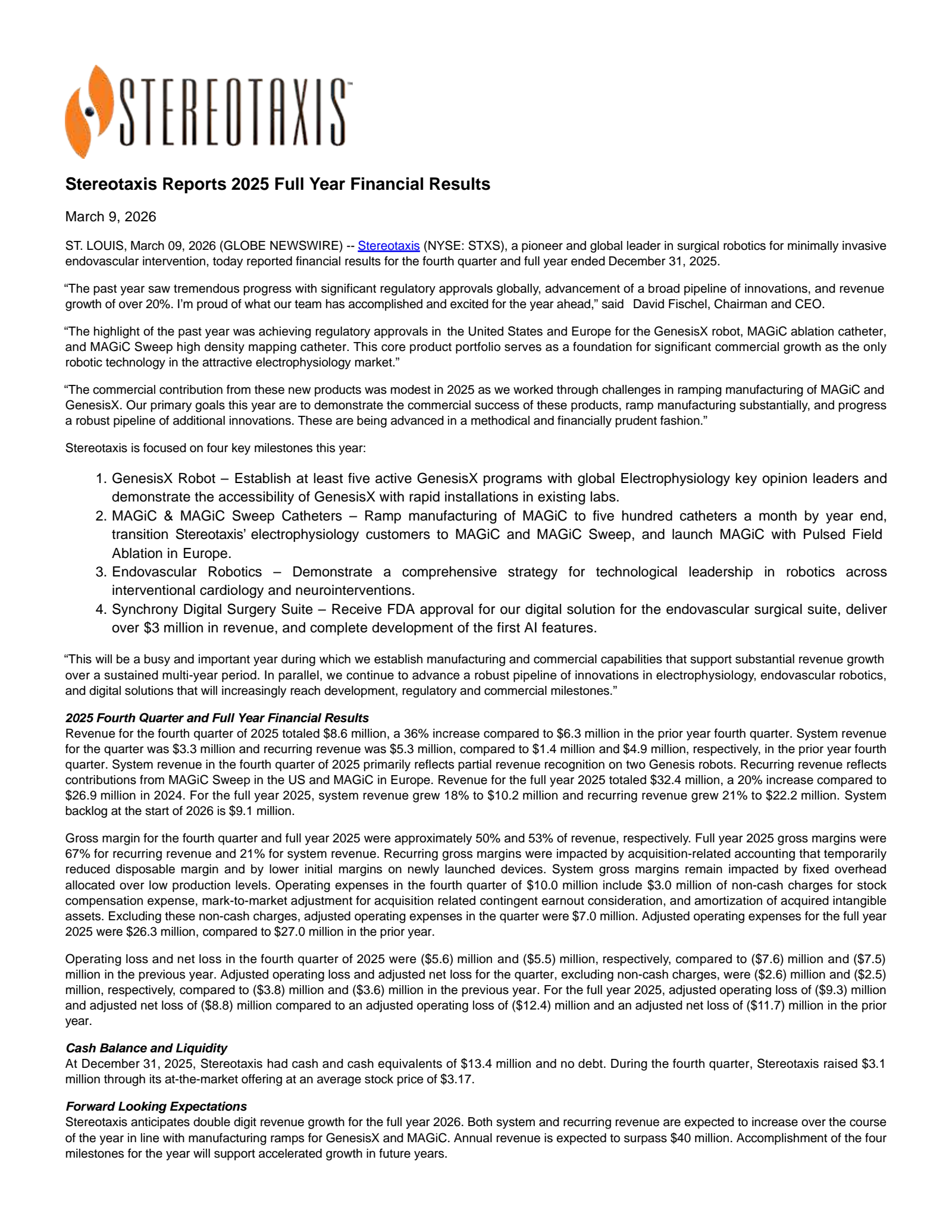 Stereotaxis' Q4 2025 Press Release