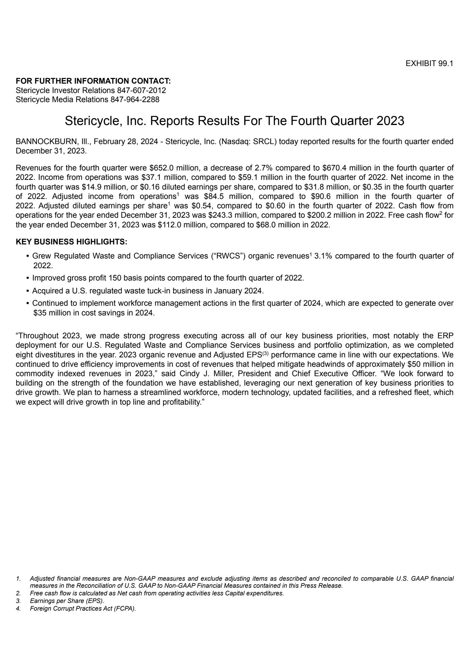 Stericycle's Q4 2023 Press Release