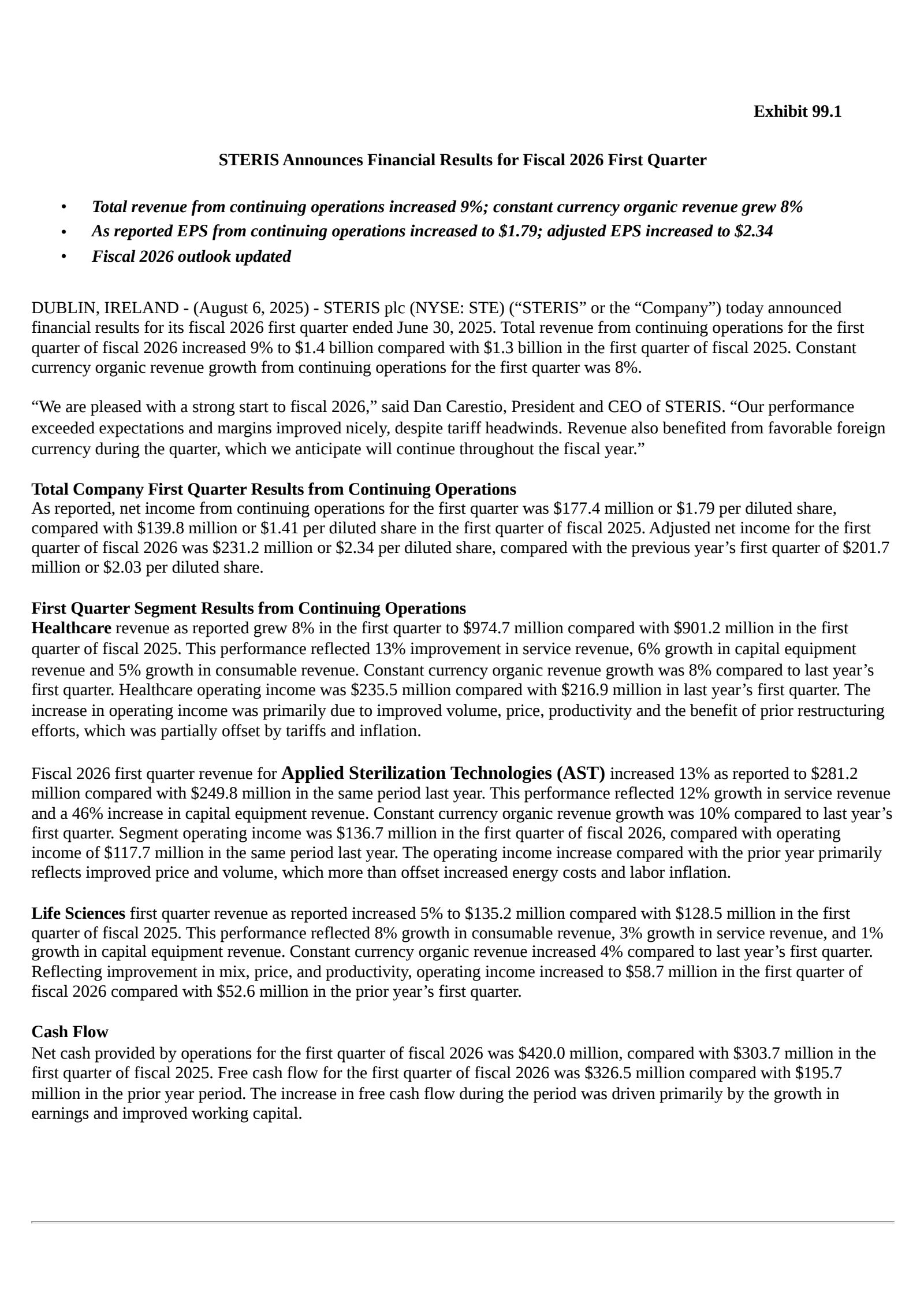 STERIS's Q1 2026 Press Release