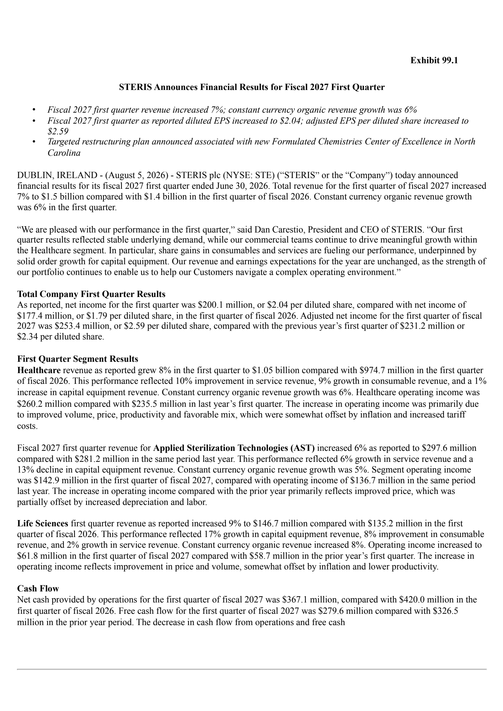 STERIS's Q1 2027 Press Release