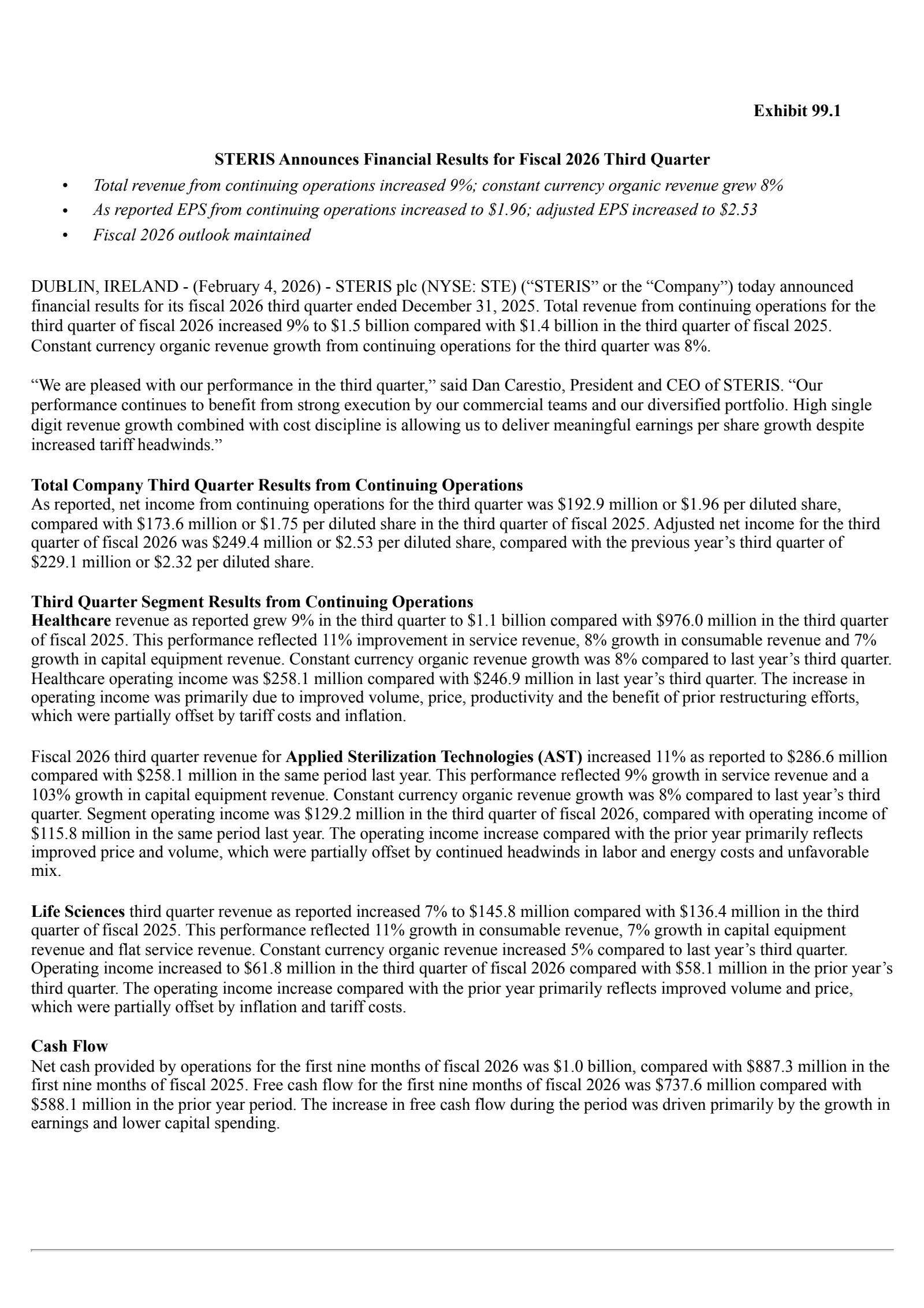STERIS's Q3 2026 Press Release