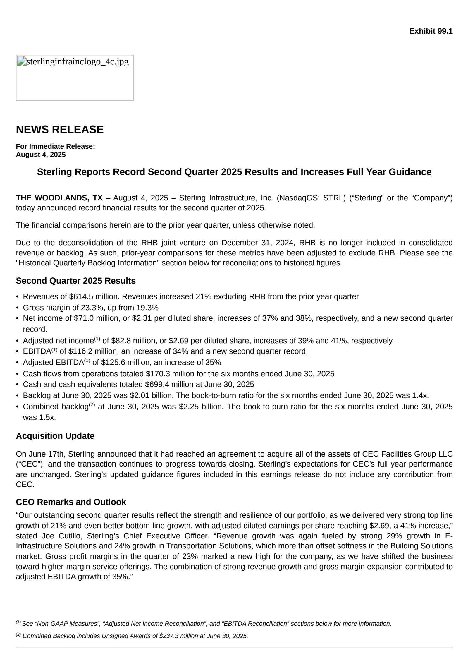 Sterling Infrastructure's Q2 2025 Press Release