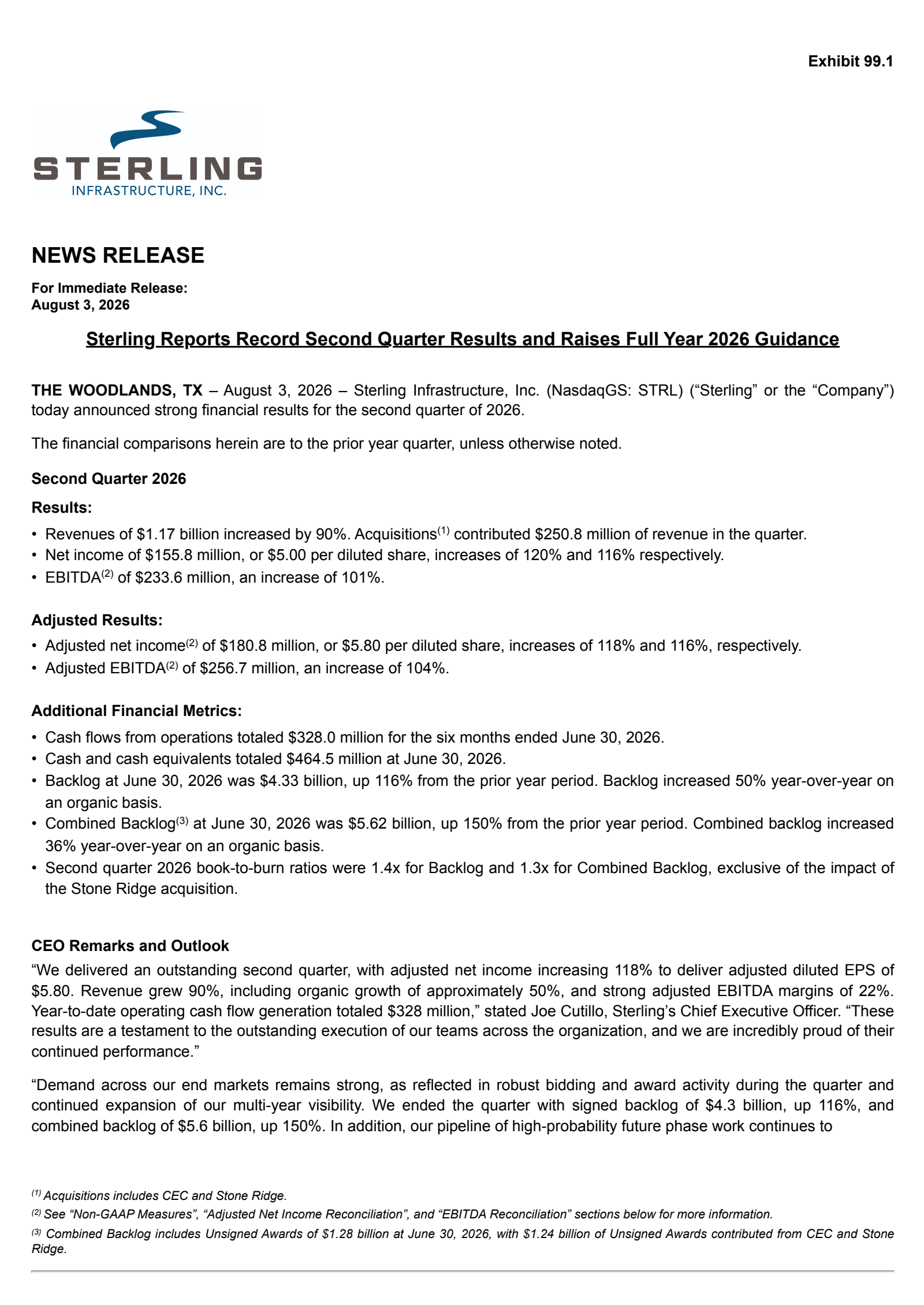 Sterling Infrastructure's Q2 2026 Press Release