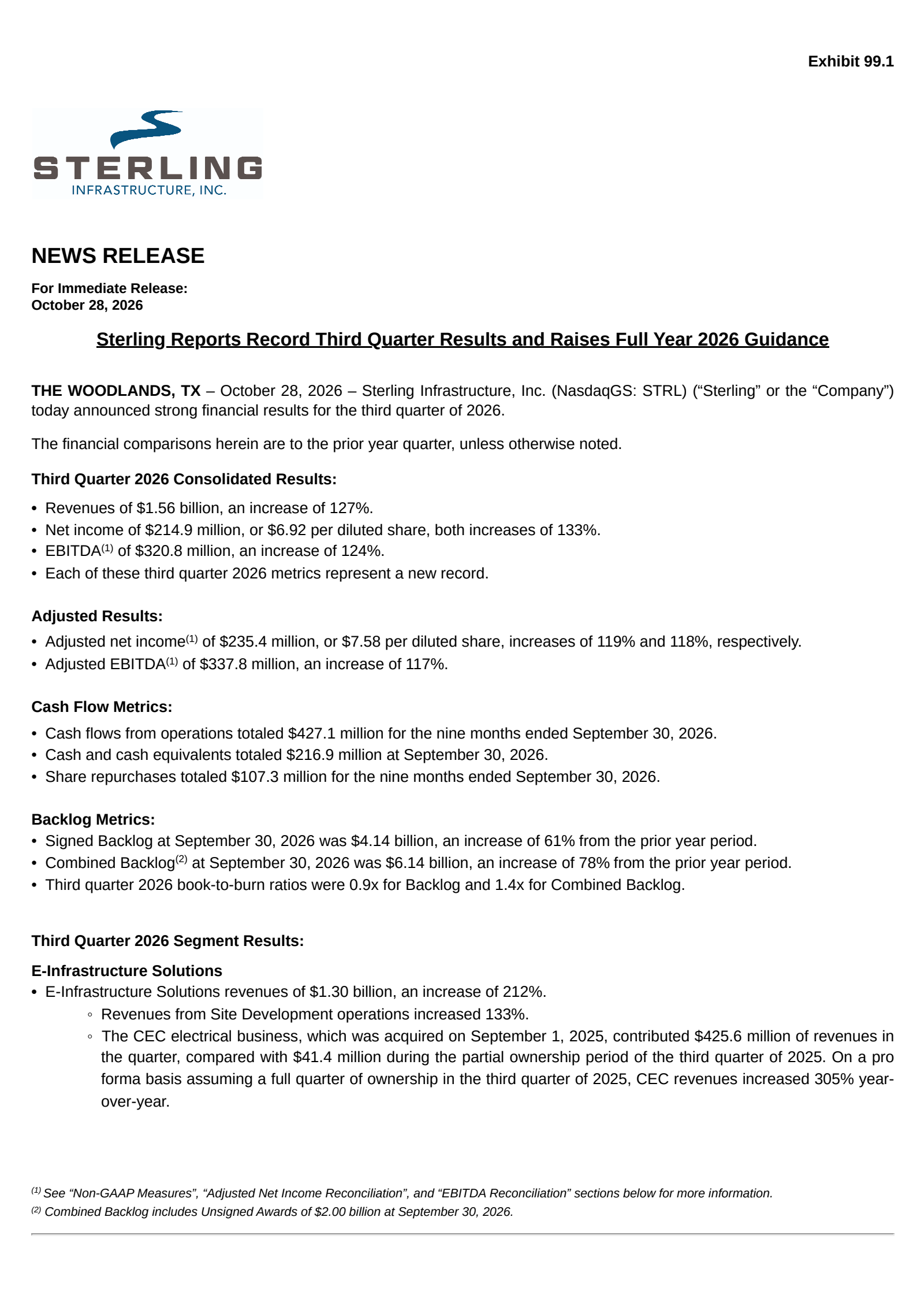 Sterling Infrastructure's Q3 2026 Press Release
