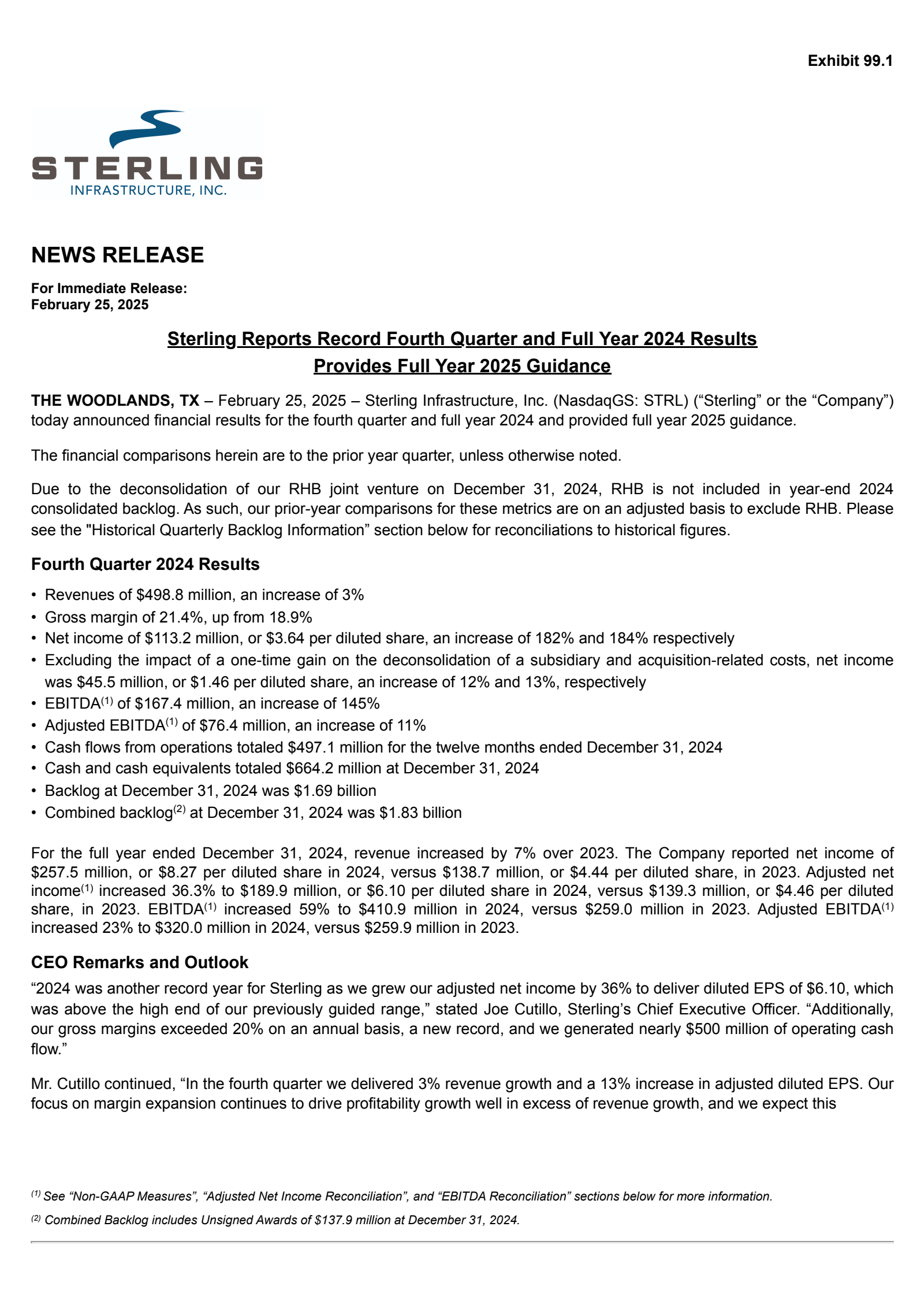 Sterling Infrastructure's Q4 2024 Press Release
