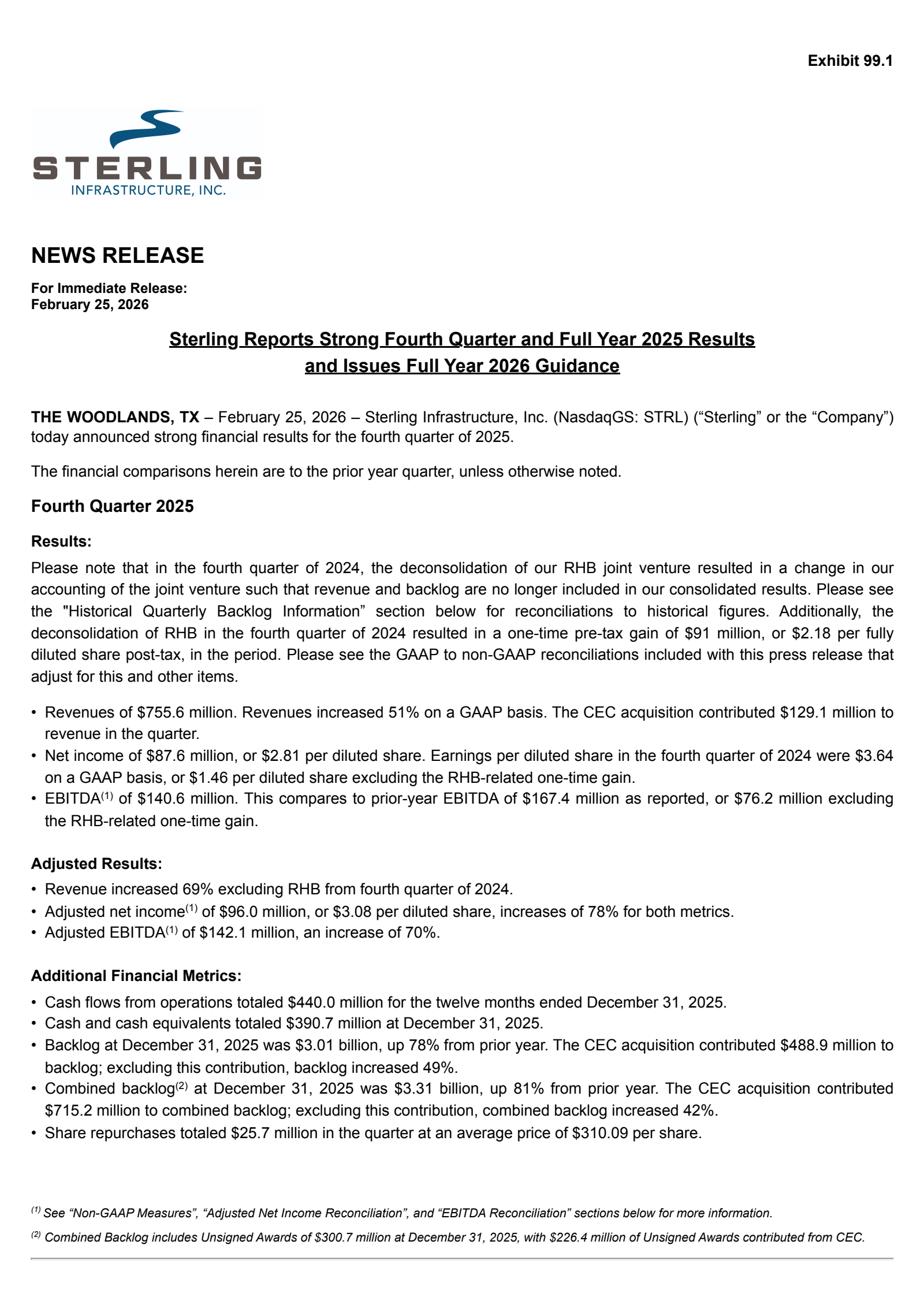 Sterling Infrastructure's Q4 2025 Press Release