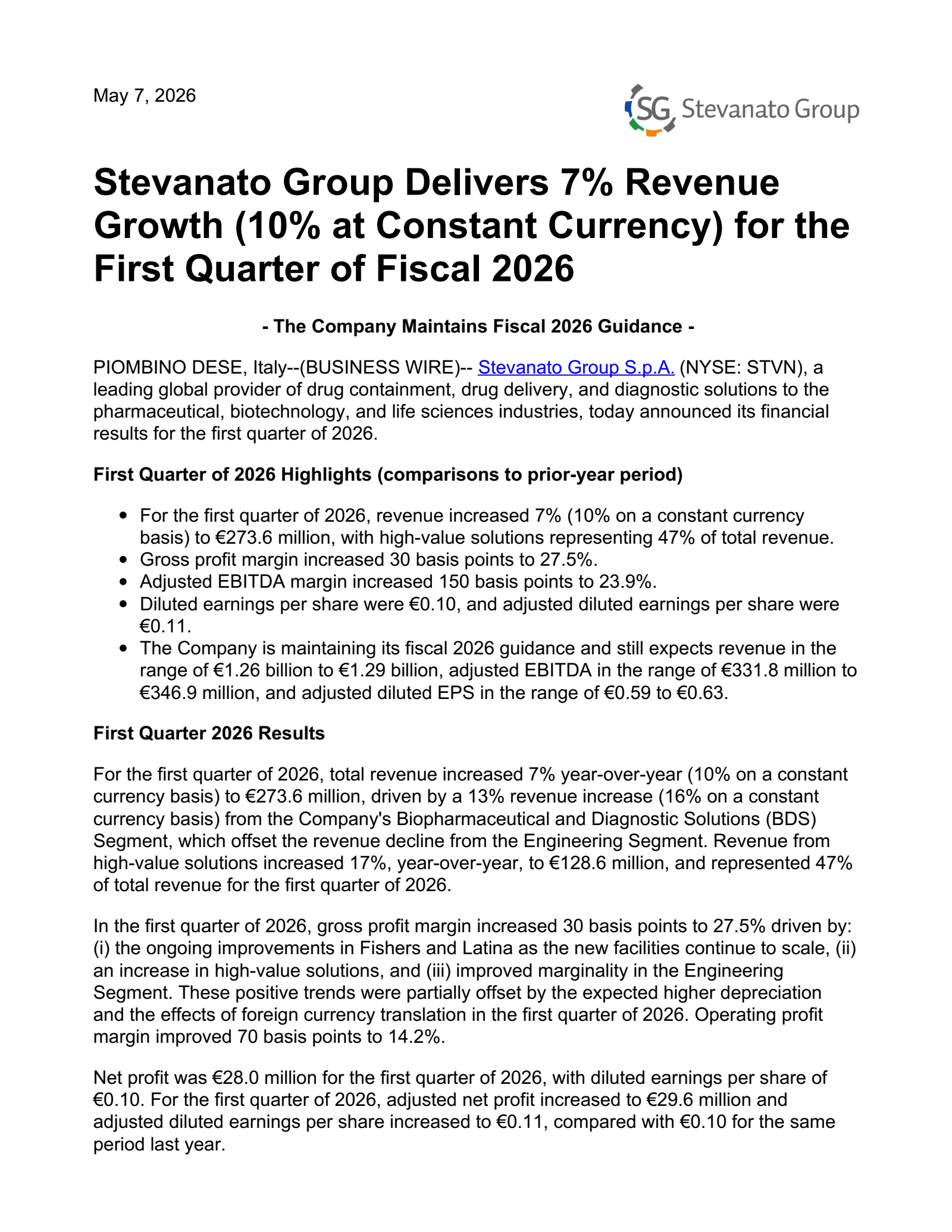 Stevanato Group's Q1 2026 Press Release